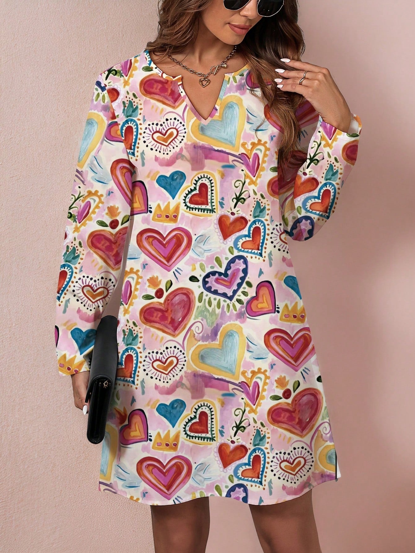 LUNE Plus Size Valentine's Day Colorful Hand-Painted Heart Print Long Sleeve Comfortable Dress, Versatile Casual Midi Dress