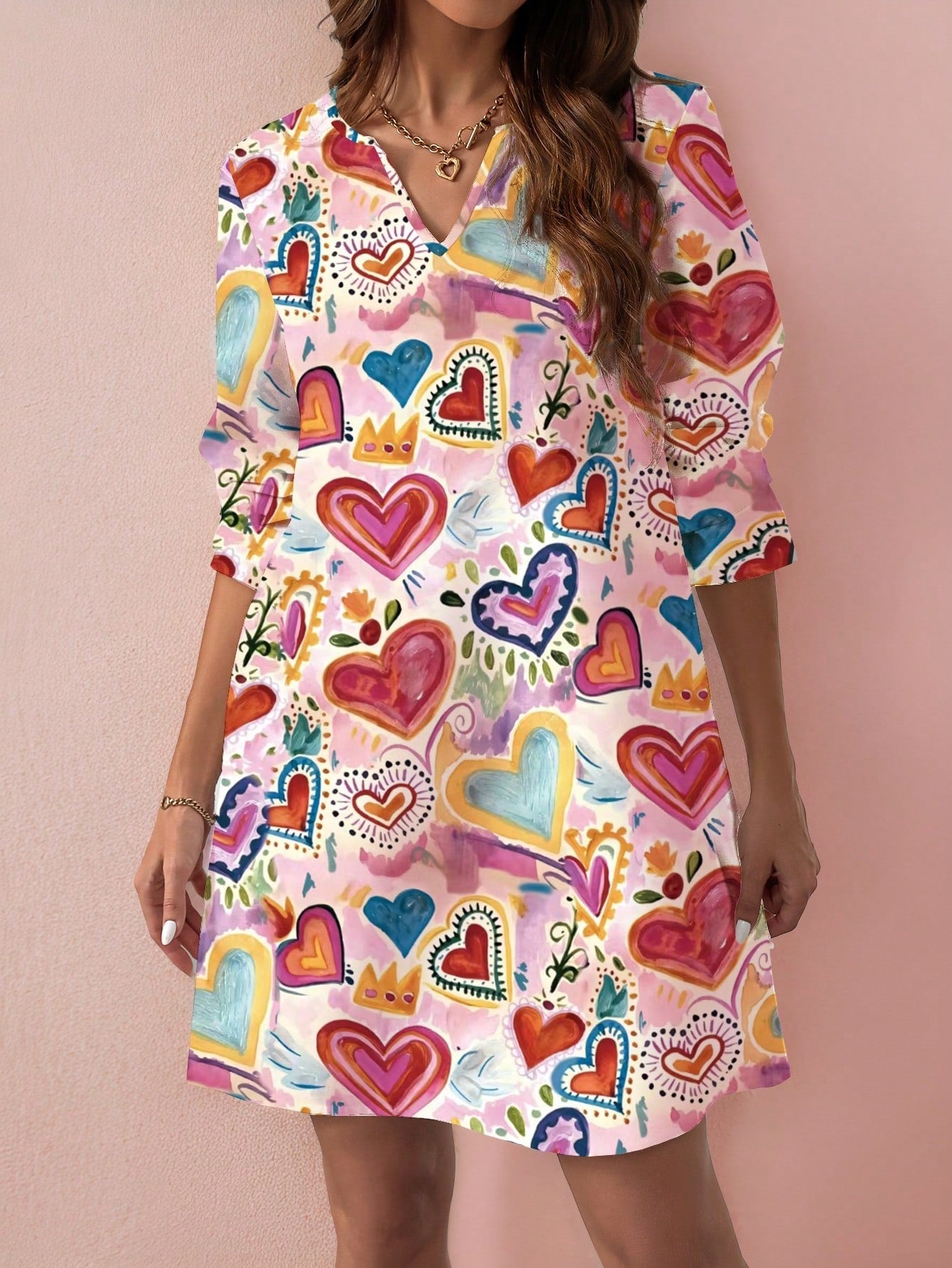 LUNE Plus Size Valentine's Day Colorful Hand-Painted Heart Print Long Sleeve Comfortable Dress, Versatile Casual Midi Dress