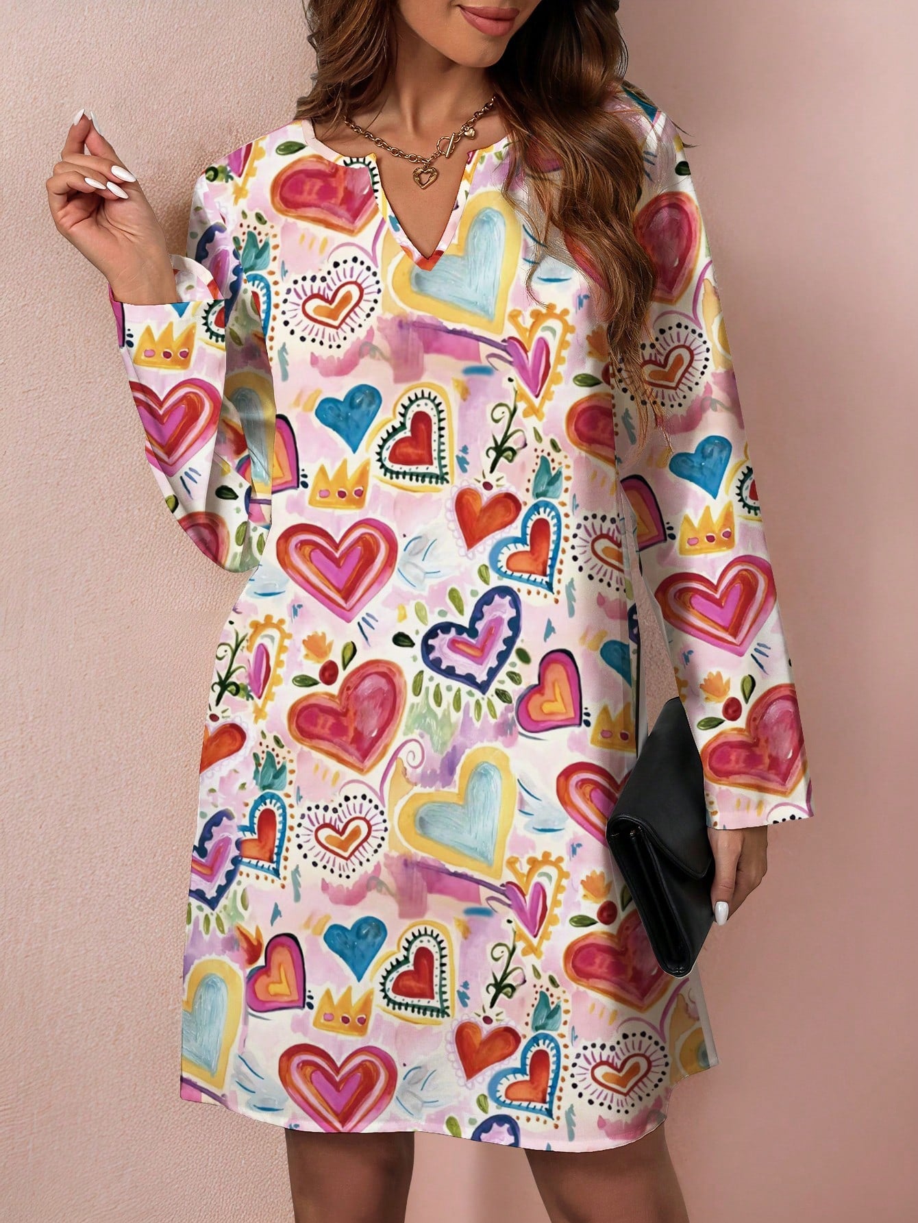 LUNE Plus Size Valentine's Day Colorful Hand-Painted Heart Print Long Sleeve Comfortable Dress, Versatile Casual Midi Dress