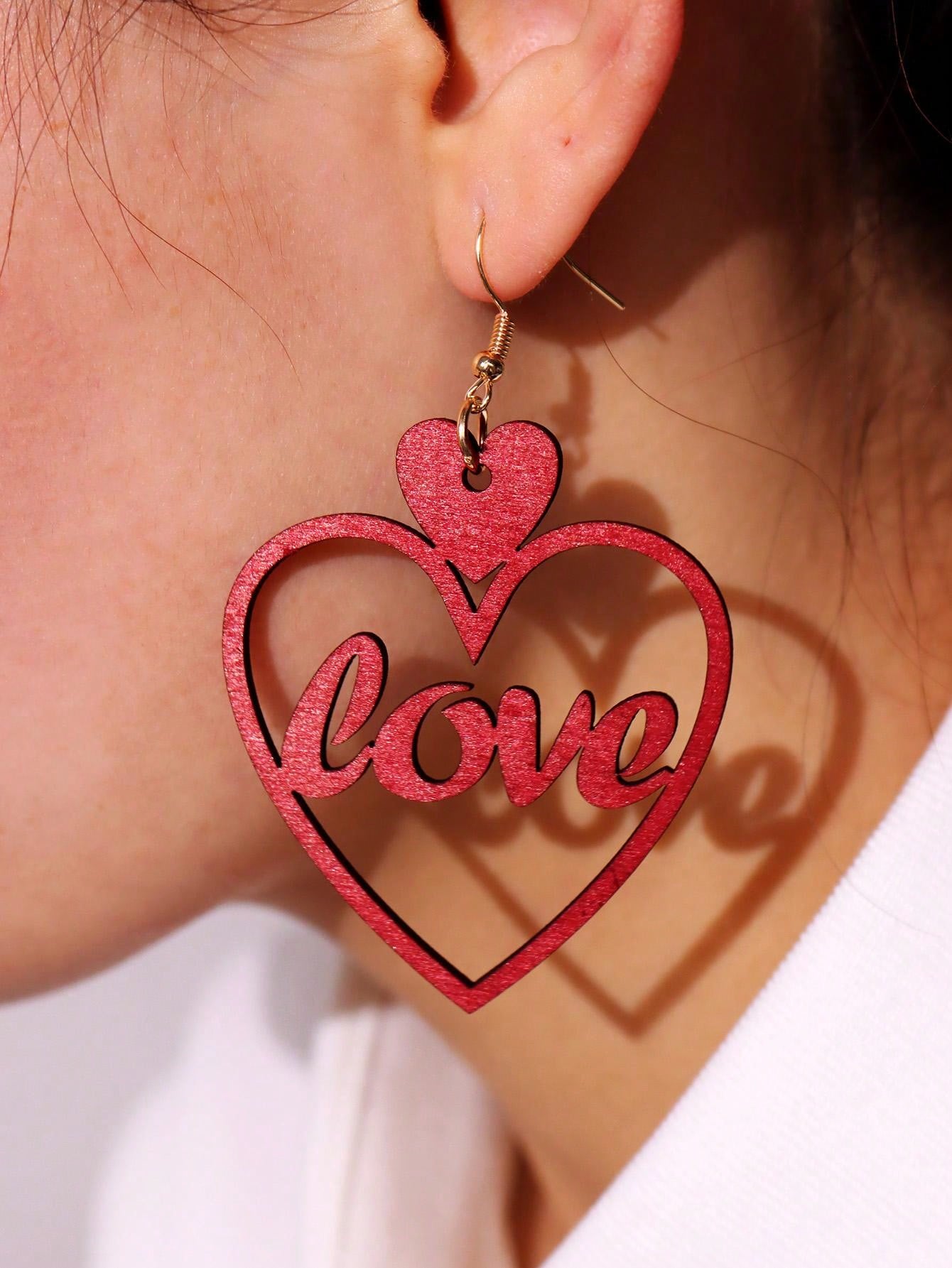 1 Pair Acrylic Trendy Heart & Leopard Print Hollow Earrings, Fashion Jewelry Gift For Women, Valentine's Day