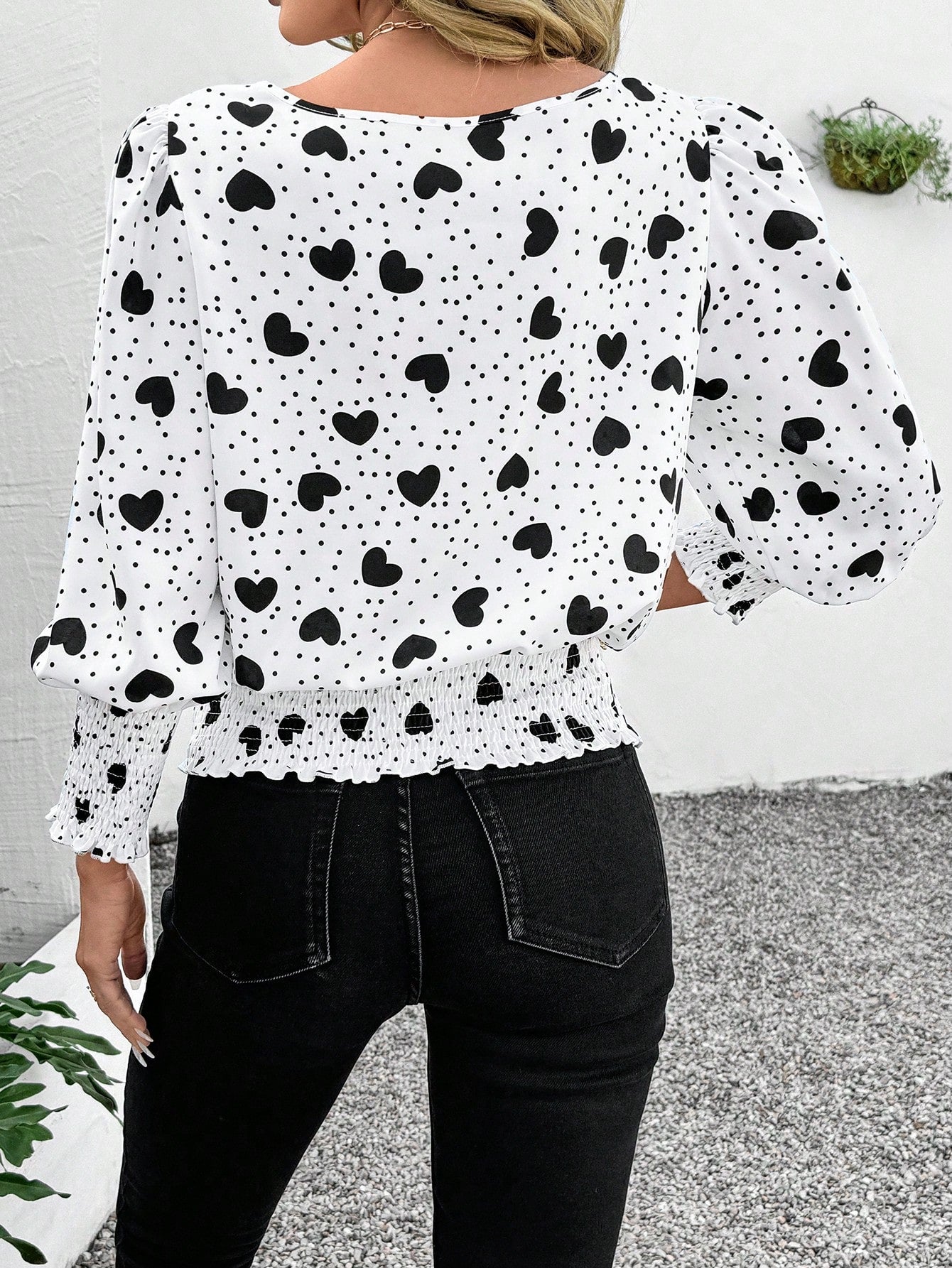 LUNE Valentine Day Spring Valentine's Day Heart Print Lantern Sleeve Women's Blouse