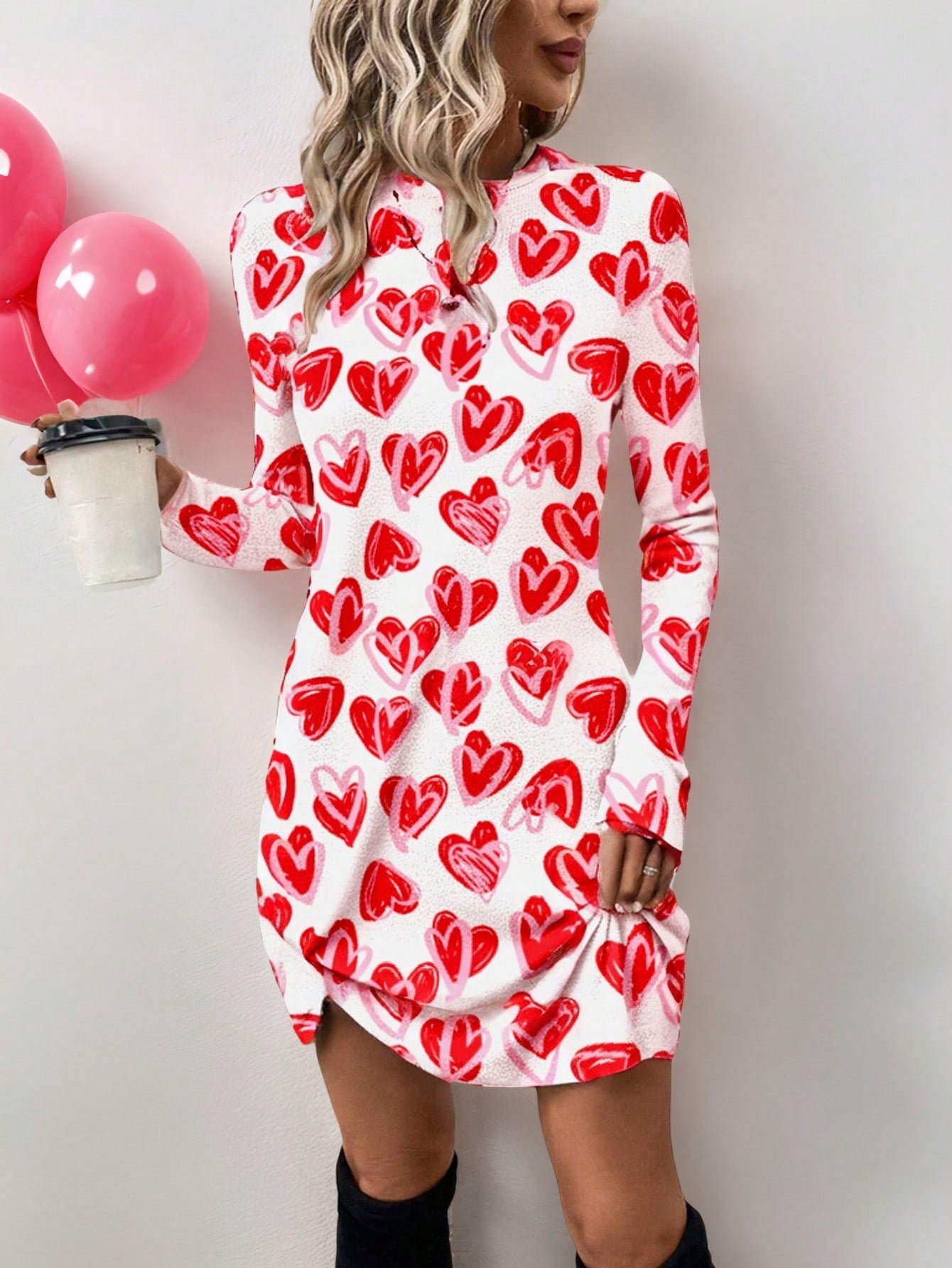 LUNE Women Casual Minimalist Heart Print Twist Knot Dress, Spring & Autumn,Valentine's Day