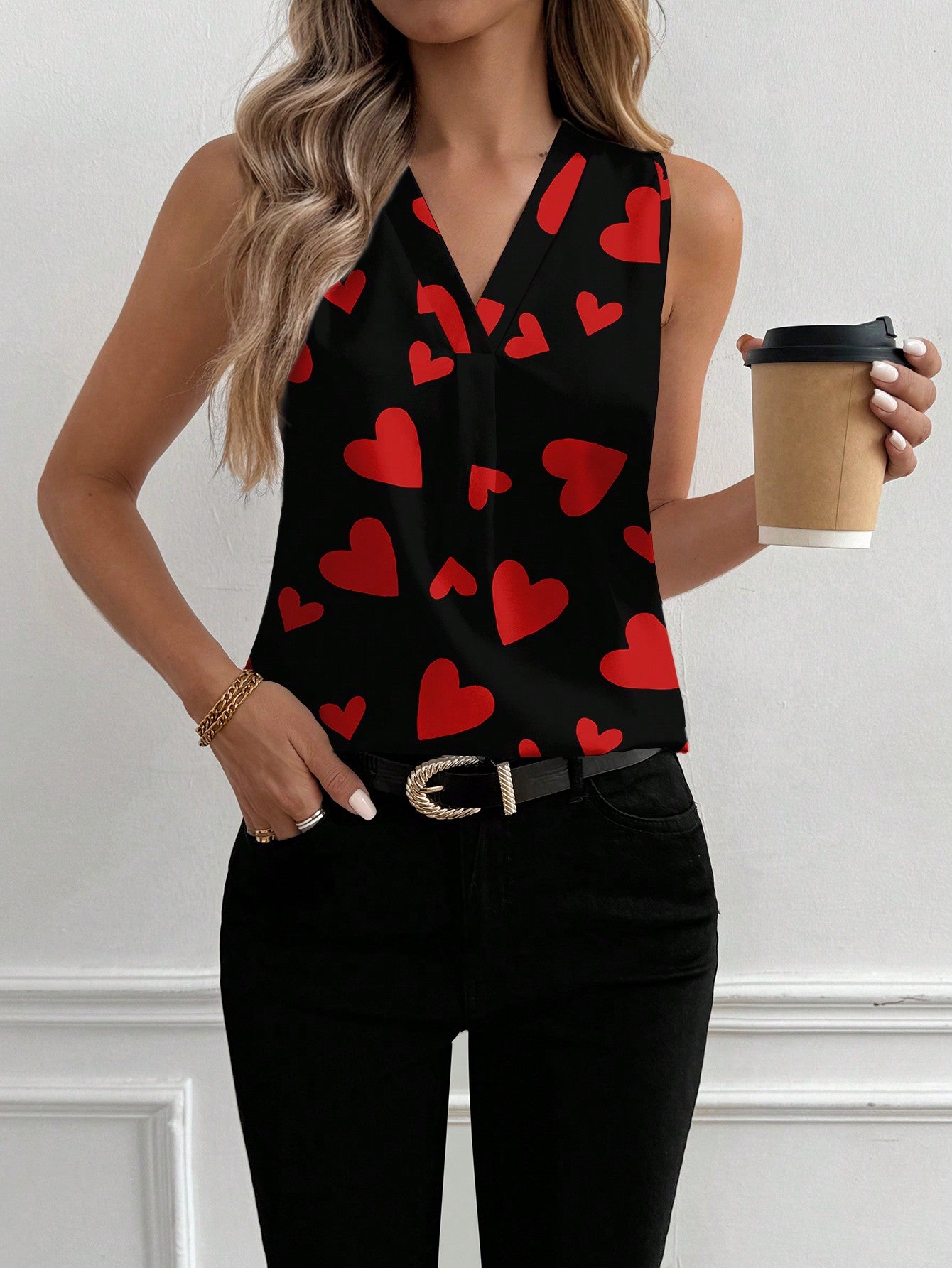 ViktoriiavkArt Artist Valentine's Day, Casual Red & Black Heart Pattern V-Neck Ladies' Tank Top, Suitable For Holiday, Spring/Summer