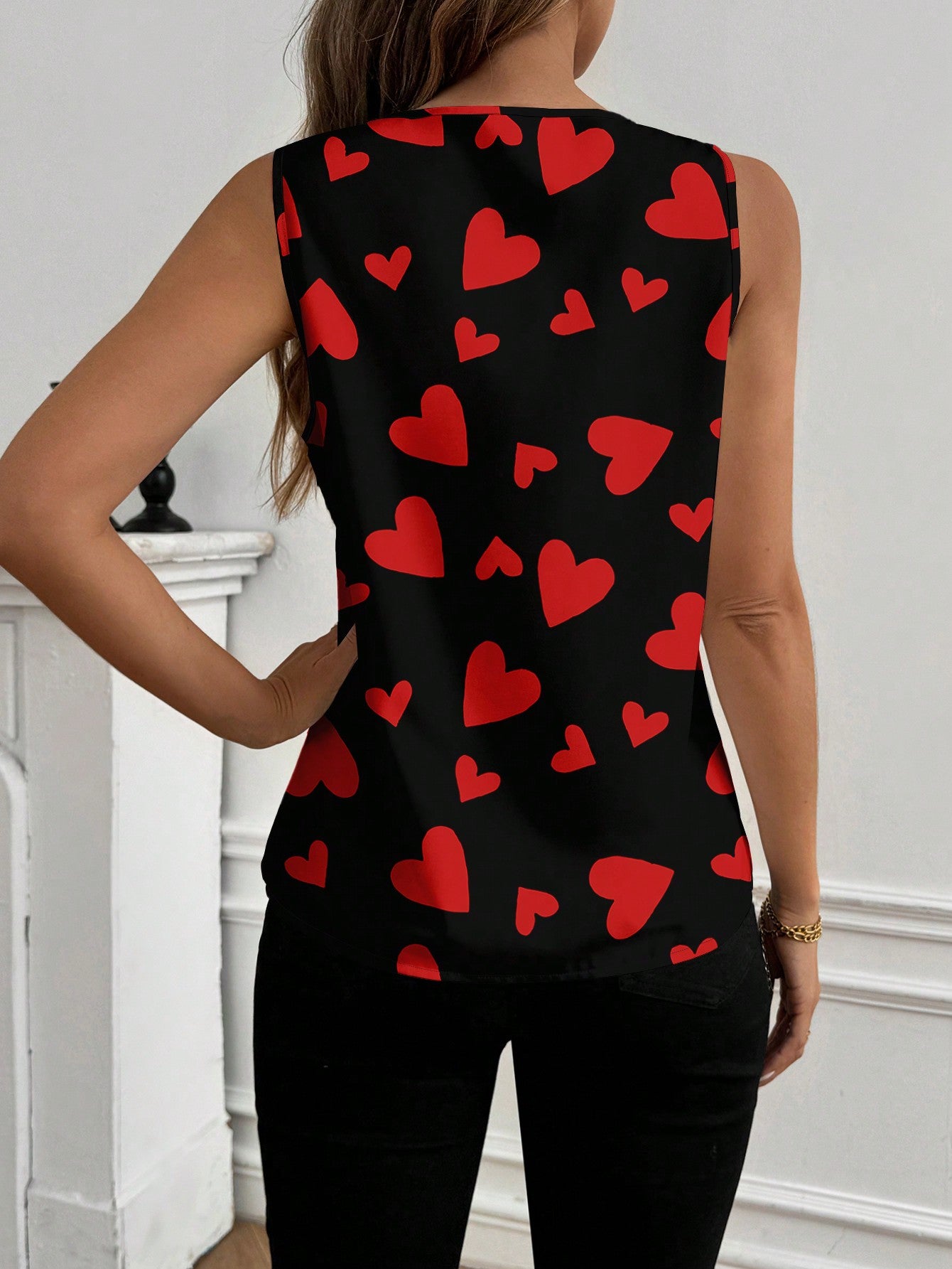 ViktoriiavkArt Artist Valentine's Day, Casual Red & Black Heart Pattern V-Neck Ladies' Tank Top, Suitable For Holiday, Spring/Summer