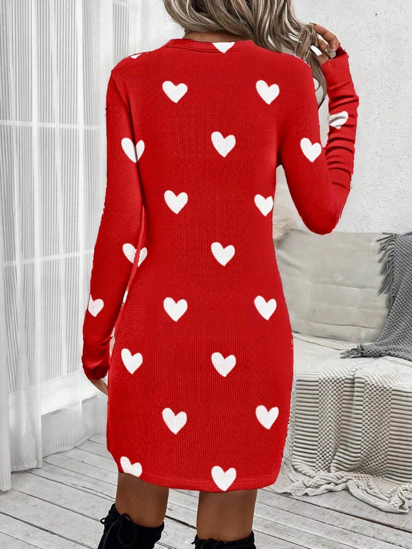 LUNE Women Casual Minimalist Heart Print Twist Knot Dress, Spring & Autumn,Valentine's Day