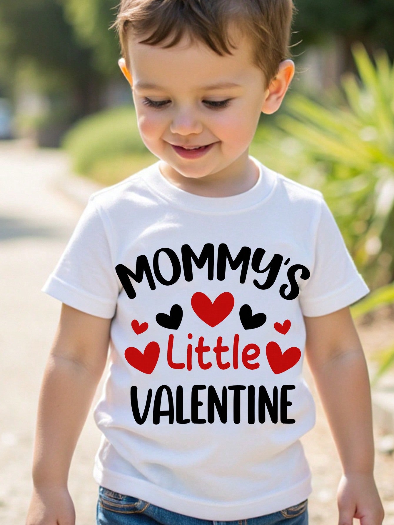 Young Boy Valentine's Day Casual Minimalist Letter Print Short Sleeve Round Neck T-Shirt, Suitable For Summer, For Gifts