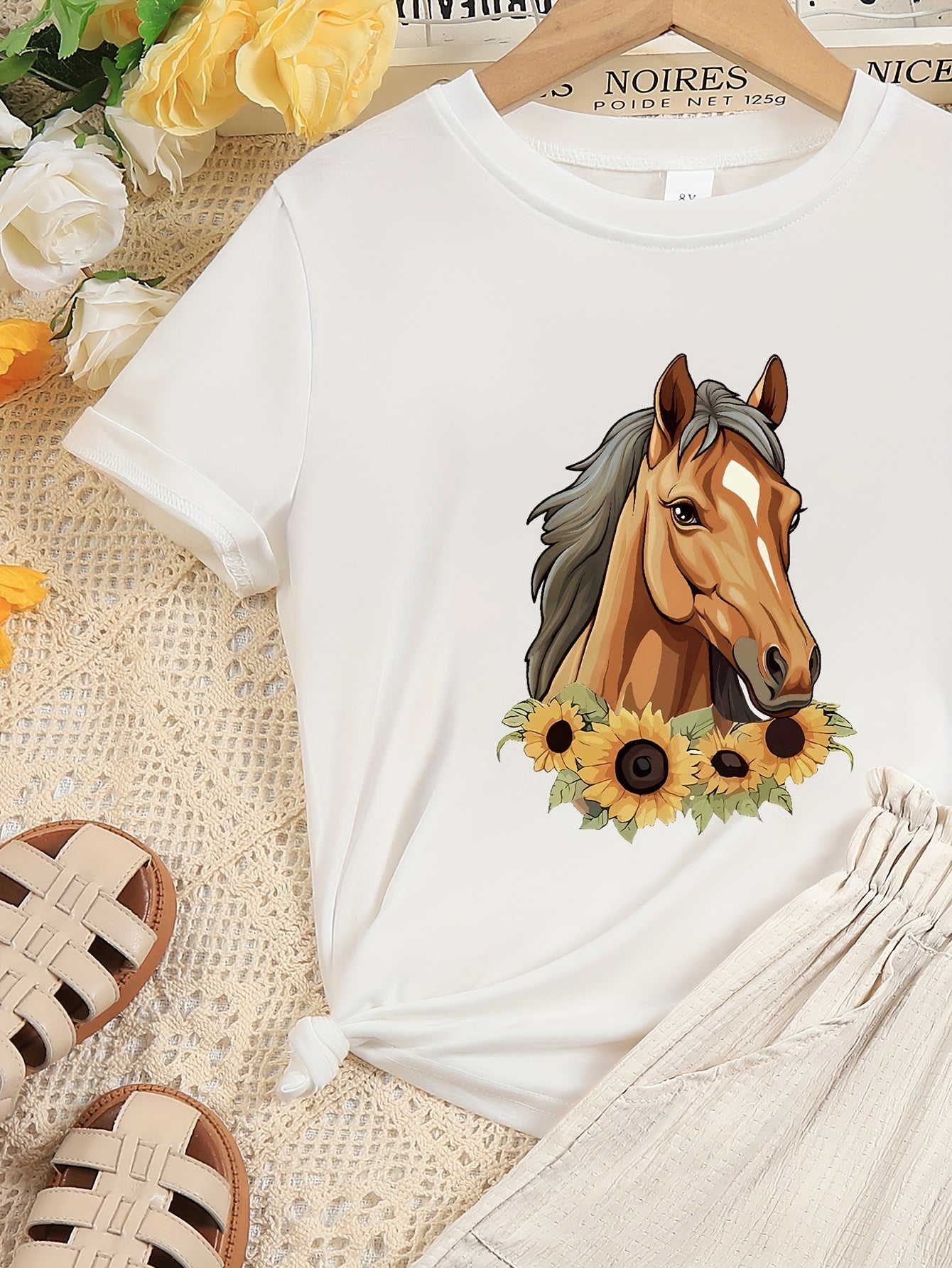 Pretty Horse And Sunflowers Graphic Print, Girl's 2pcs Casual Comfortable Versatile Short Sleeve Crew Neck T-shirt & Elastic Waistband Shorts Set, Comfy Summer Clothes