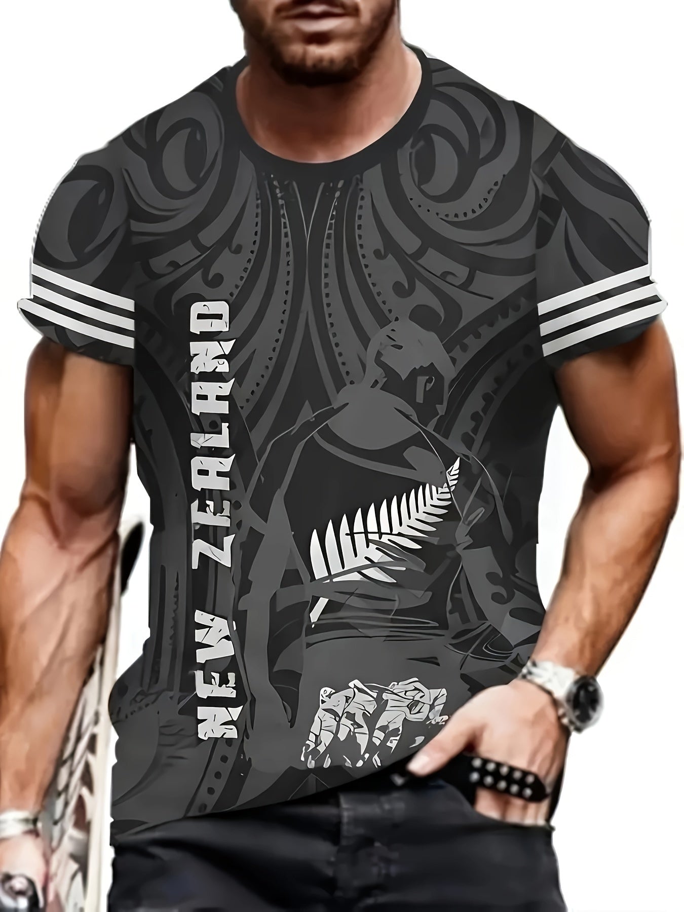 Men's NEW ZEALAND Letter Leaves And People Playing Sports Pattern Print Crew Neck Short Sleeve, Trendy T-shirt For Summer Outdoor Activities