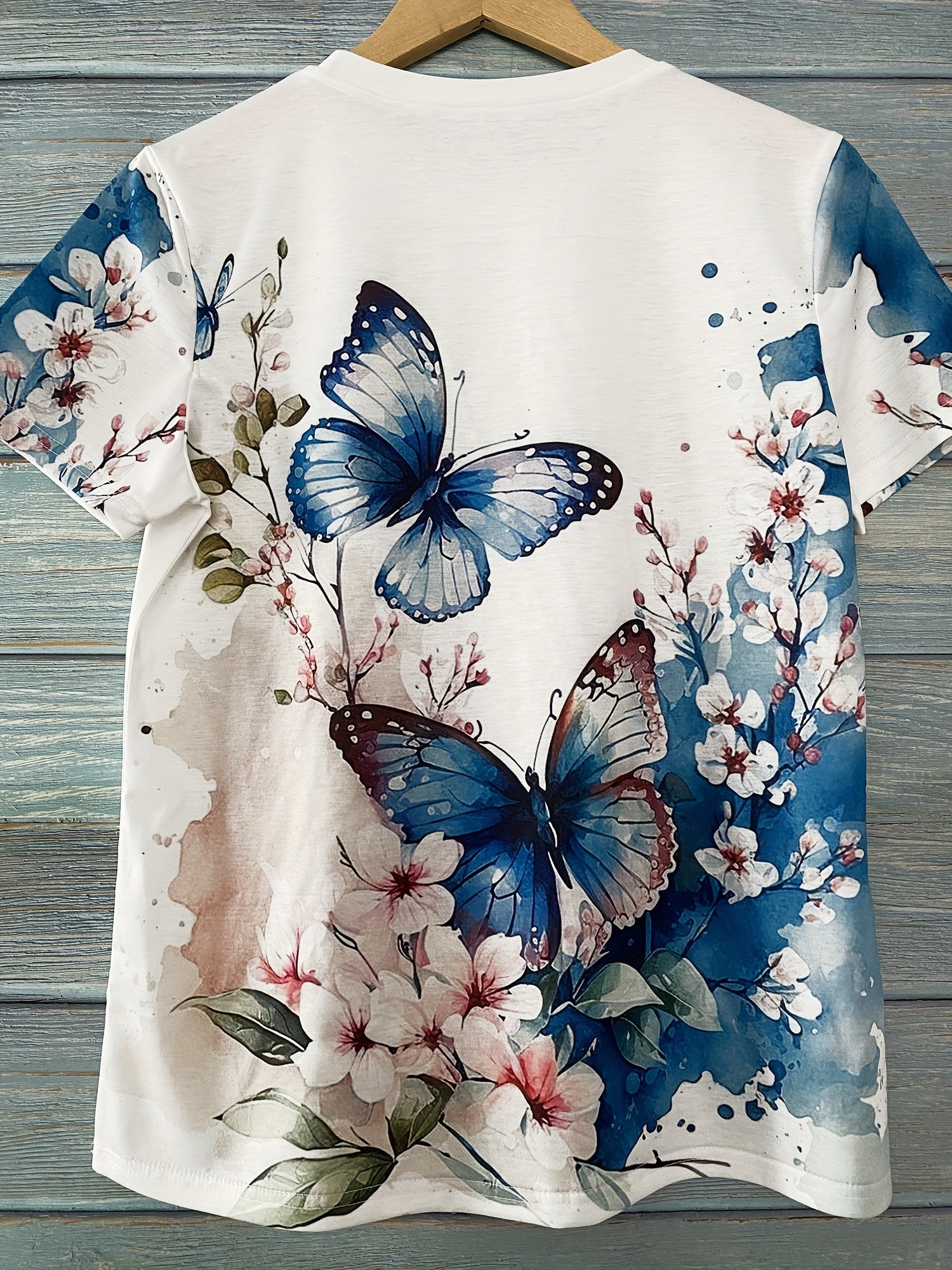 Butterfly & Flower Print Relaxed Fit Crew Neck Short Sleeve T-Shirt - Soft Medium Stretch Polyester Fabric, Casual Summer Top with Positioning Printing - Womens Regular Length Clothing for Spring & Summer