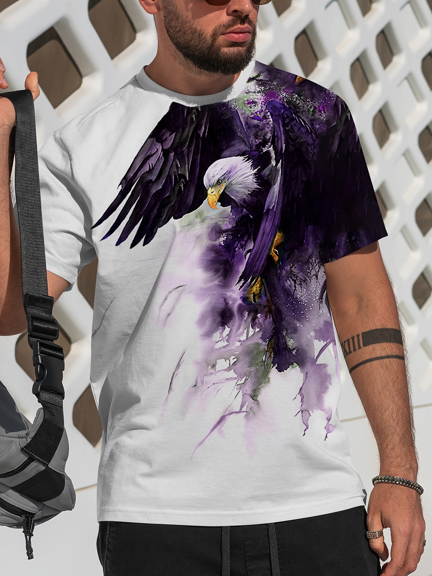 Men's 3D Eagle Print T-Shirt - Casual Round Neck, Short Sleeve, Summer Tee with Drawstring Detail