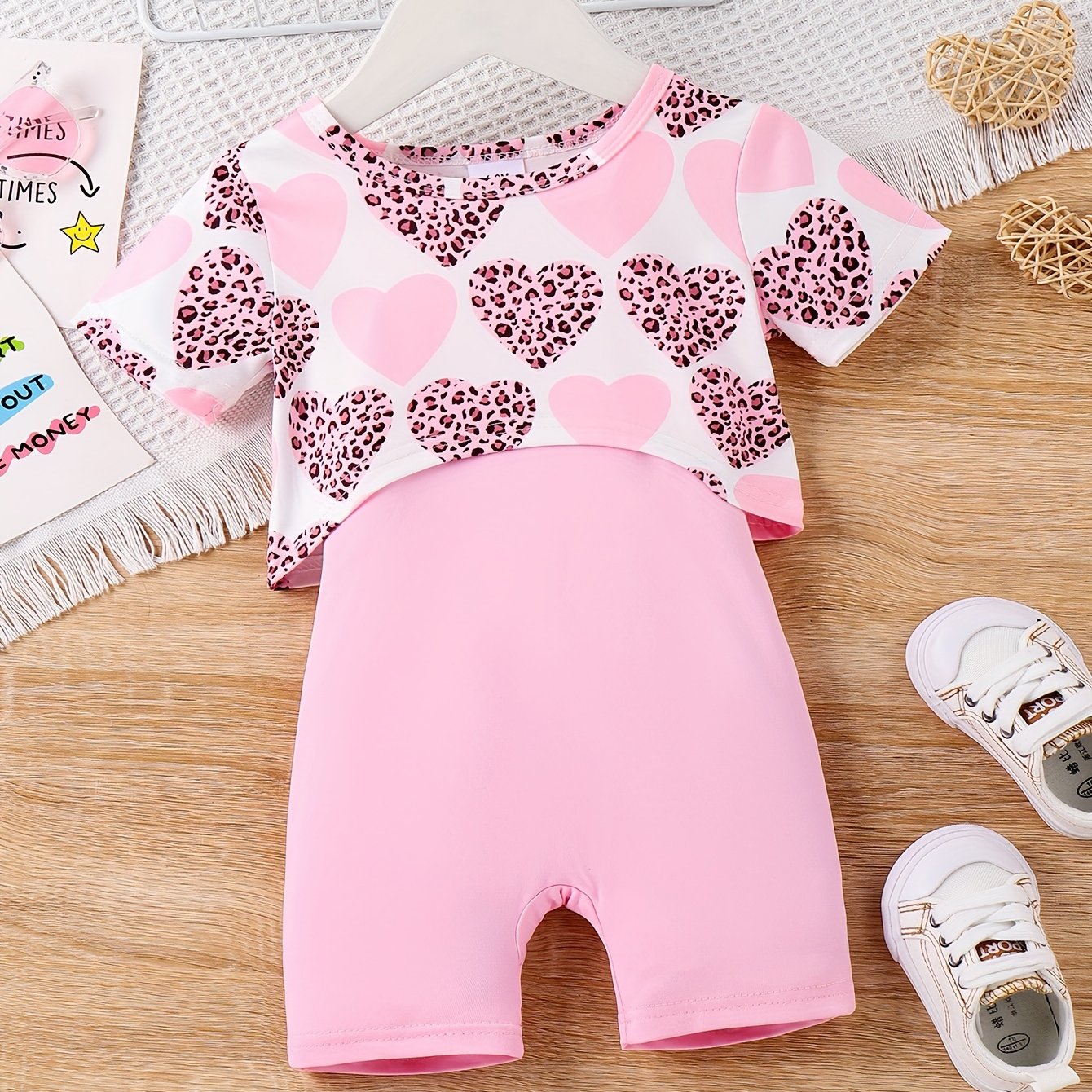 2pcs Baby's Cartoon Leopard Heart Pattern Crop Top & Solid Color Romper Set, Toddler & Infant Girl's Clothes For Summer Daily Wear