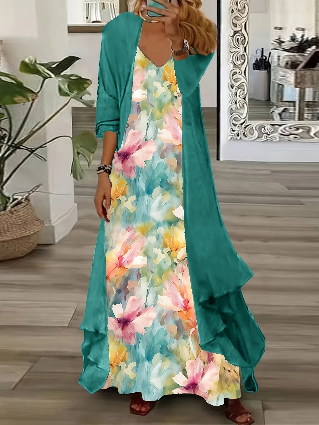 Plus Size Floral Print Two-Piece Dress Set - Chic Crew Neck Cami Dress & 3/4 Sleeve Open Front Kimono Outfits - Women's Plus Size Clothing for Summer, Vacation, and Daily Wear