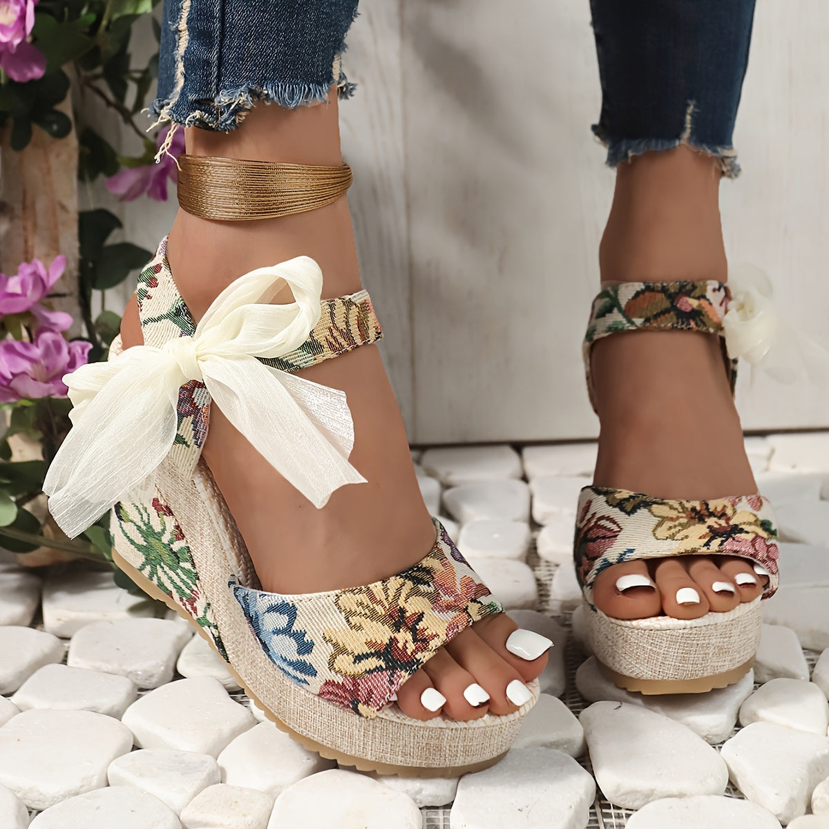 Vibrant Floral Print Wedge Sandals - Chic Peep-Toe Design, Adjustable Bow Ankle Strap with Slingback Closure, Sturdy Platform Heel - Perfect for Womens Casual Outings, Versatile and Easy to Match with Various Outfits, Ideal for Outdoor Events or Social G