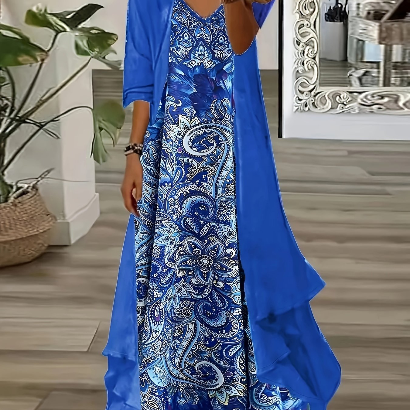 Plus Size V Neck Cami Dress with Half Sleeve Kimono - Eye-Catching Abstract Print - Flowy & Flattering for Casual or Elegant Occasions, Women's Curvy Fashion Sets