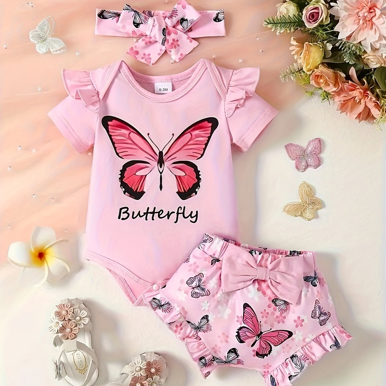 2pcs Baby's Bowknot Decor Butterfly Print Shorts & Hairband & Ruffled Bodysuit Set, Toddler & Infant Girl's Clothes For Summer Daily Wear, Outdoor Cloth