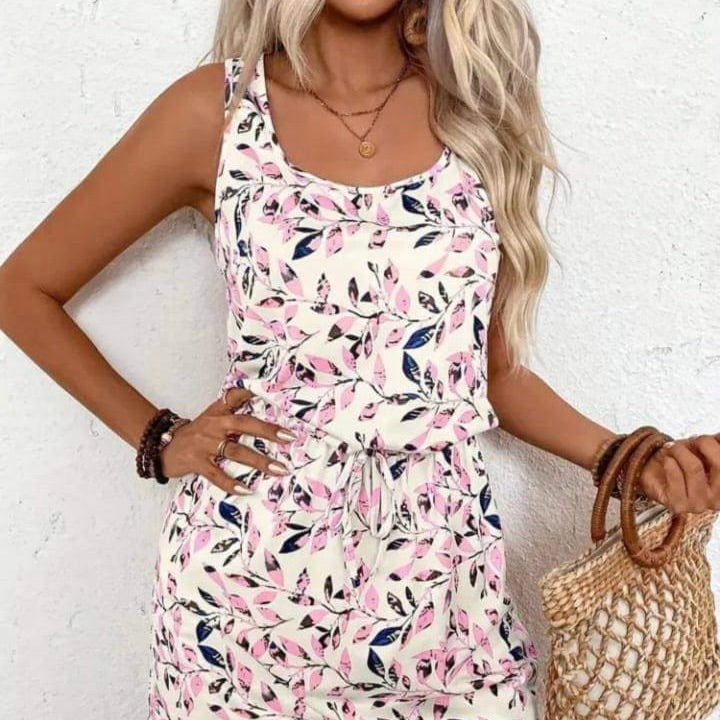 Ladies Leisure Plant Printed Sleeveless Waist - Tye-die Dress