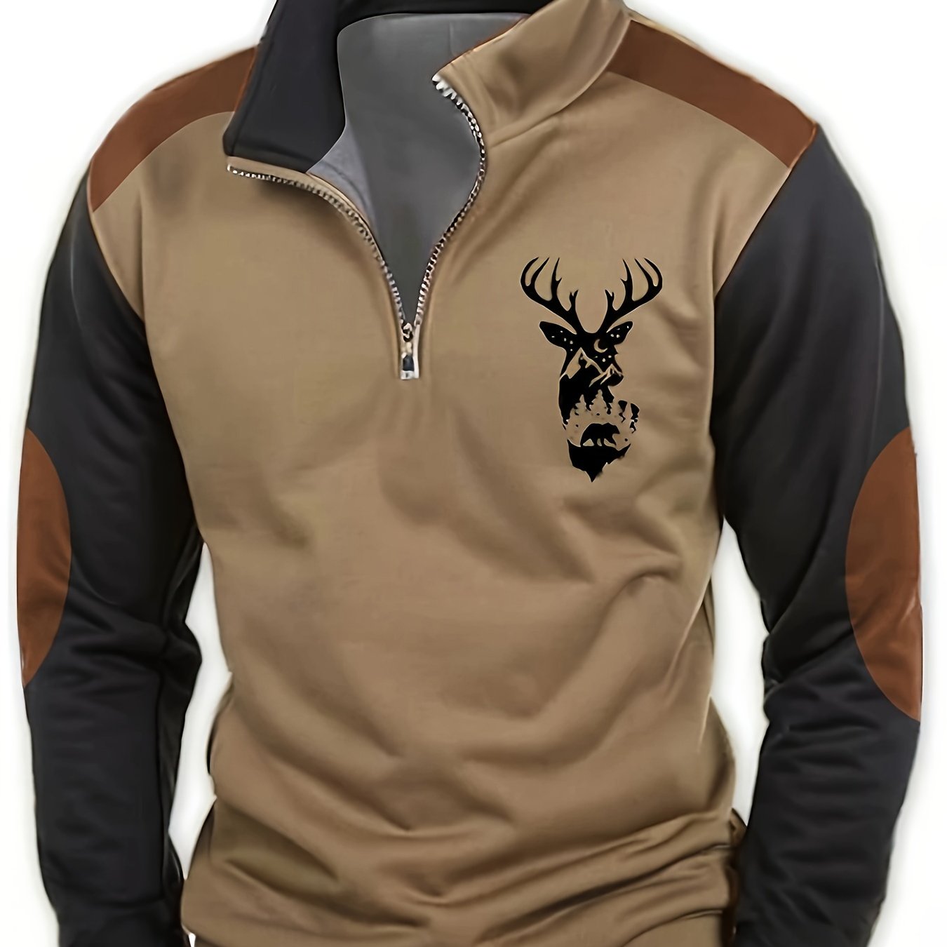 Men's Deer Graphic Print Golf Shirt, Casual Half Zipper Stand Collar Long Sleeve Shirt for Outdoor