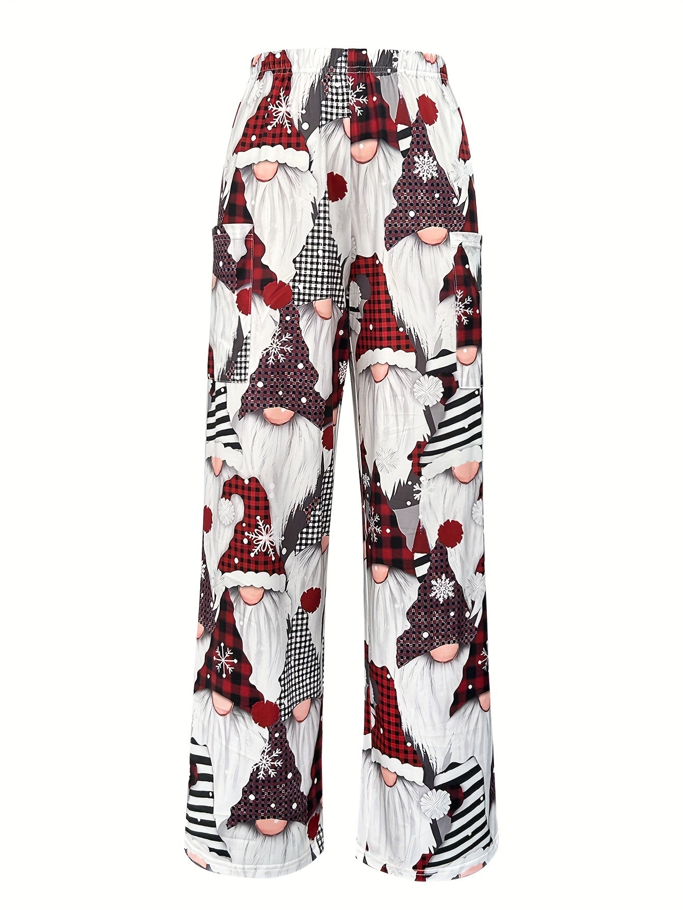 Christmas Print Patched Pocket Pants, Casual Elastic Waist Straight Leg Pants For Fall & Winter, Women's Clothing