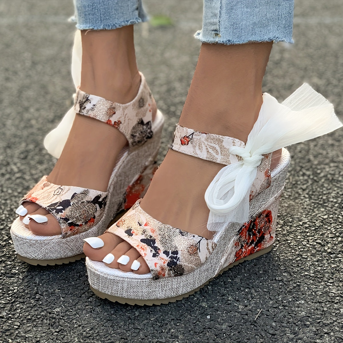 Vibrant Floral Print Wedge Sandals - Chic Peep-Toe Design, Adjustable Bow Ankle Strap with Slingback Closure, Sturdy Platform Heel - Perfect for Womens Casual Outings, Versatile and Easy to Match with Various Outfits, Ideal for Outdoor Events or Social G