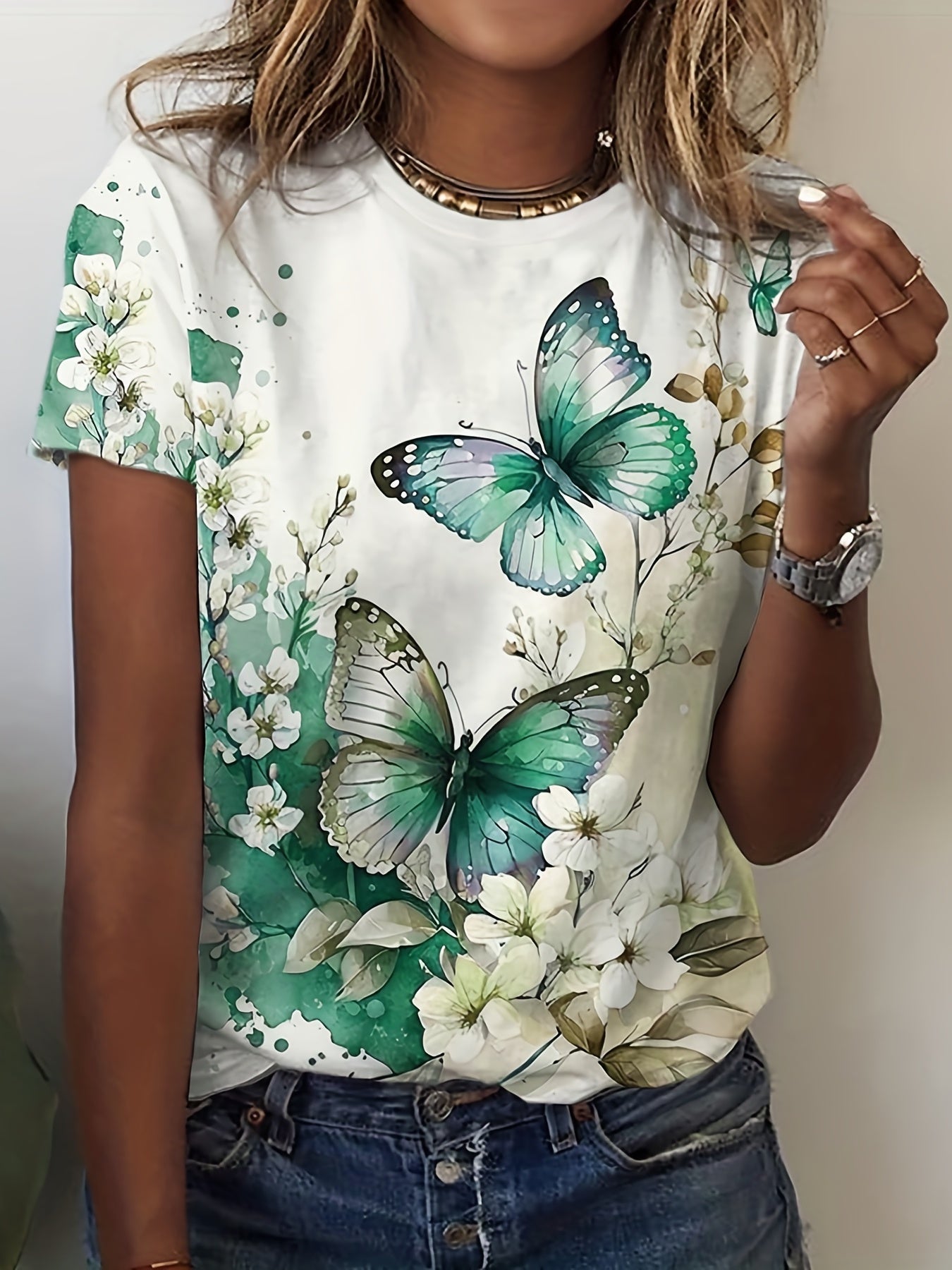 Butterfly & Flower Print Relaxed Fit Crew Neck Short Sleeve T-Shirt - Soft Medium Stretch Polyester Fabric, Casual Summer Top with Positioning Printing - Womens Regular Length Clothing for Spring & Summer