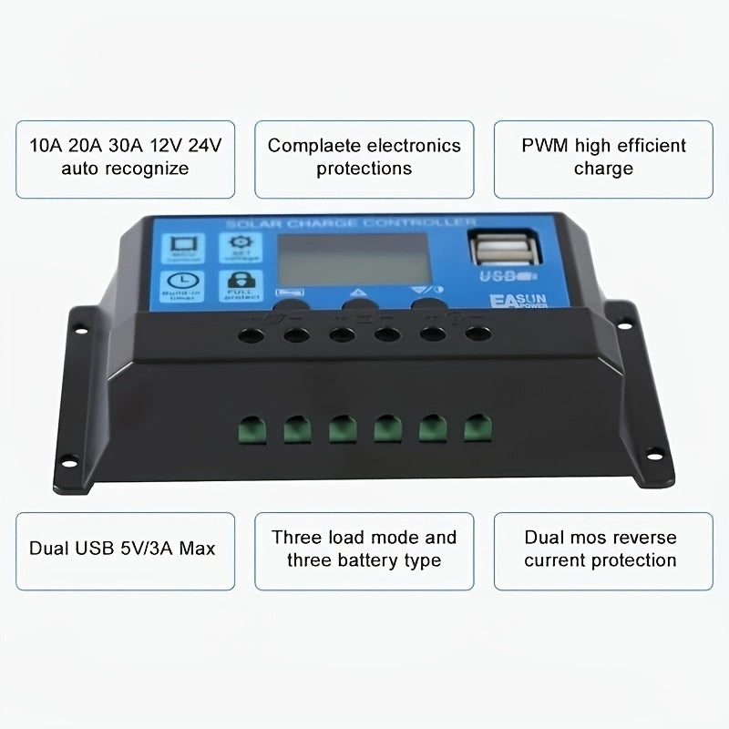 Solar Charge Controller 10A/20A/30A, Dual USB PWM Regulator for 12V/24V PV System, LCD Display, Hard Wiring Room Electrical, No Battery, Multiple Protections