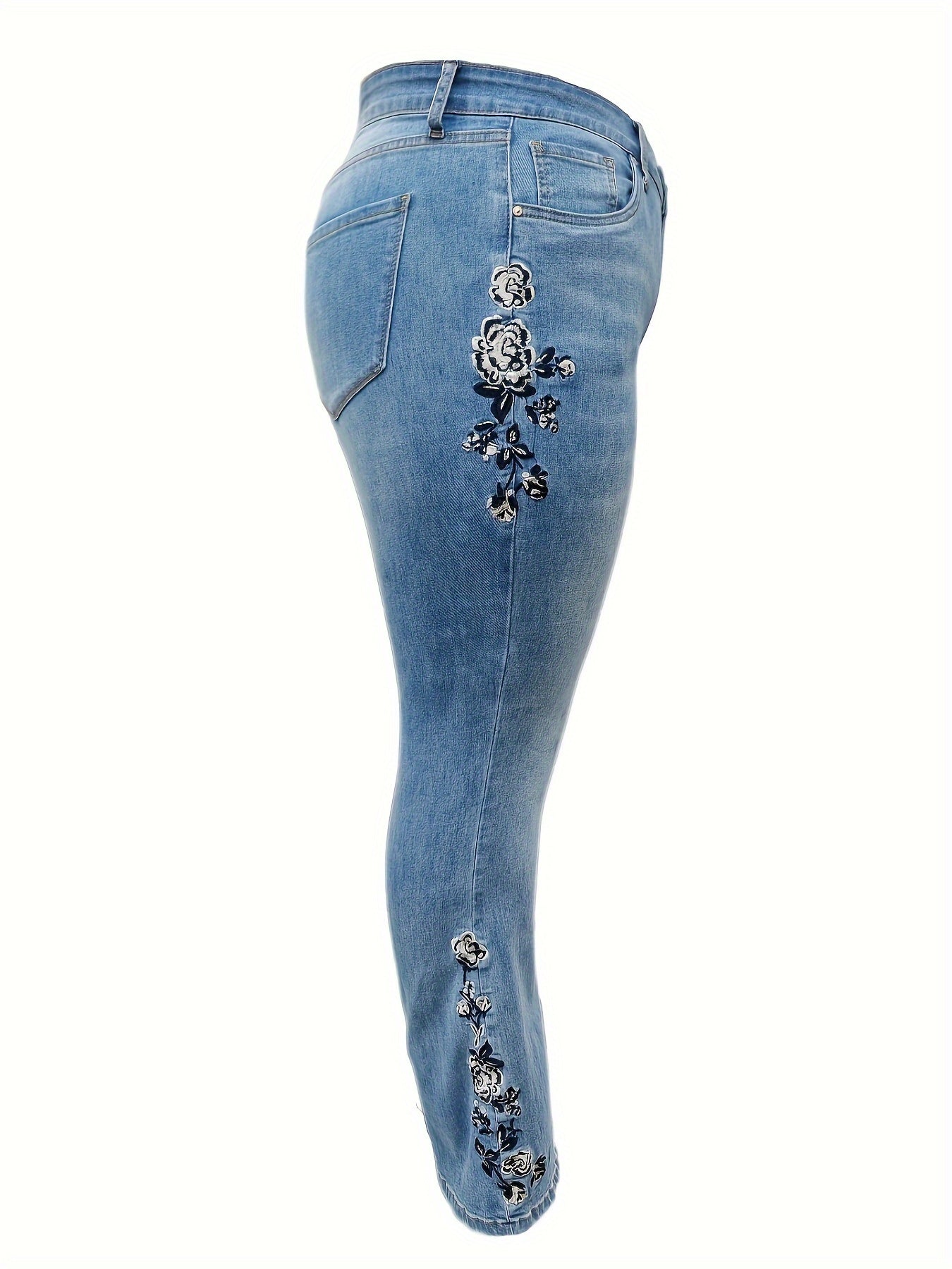 Plus Size Womens Fashion Jeans - Floral Embroidered Button Fly Design - High Rise, High Stretch, Flattering Bootcut - Comfortable & Curvy Figure Friendly