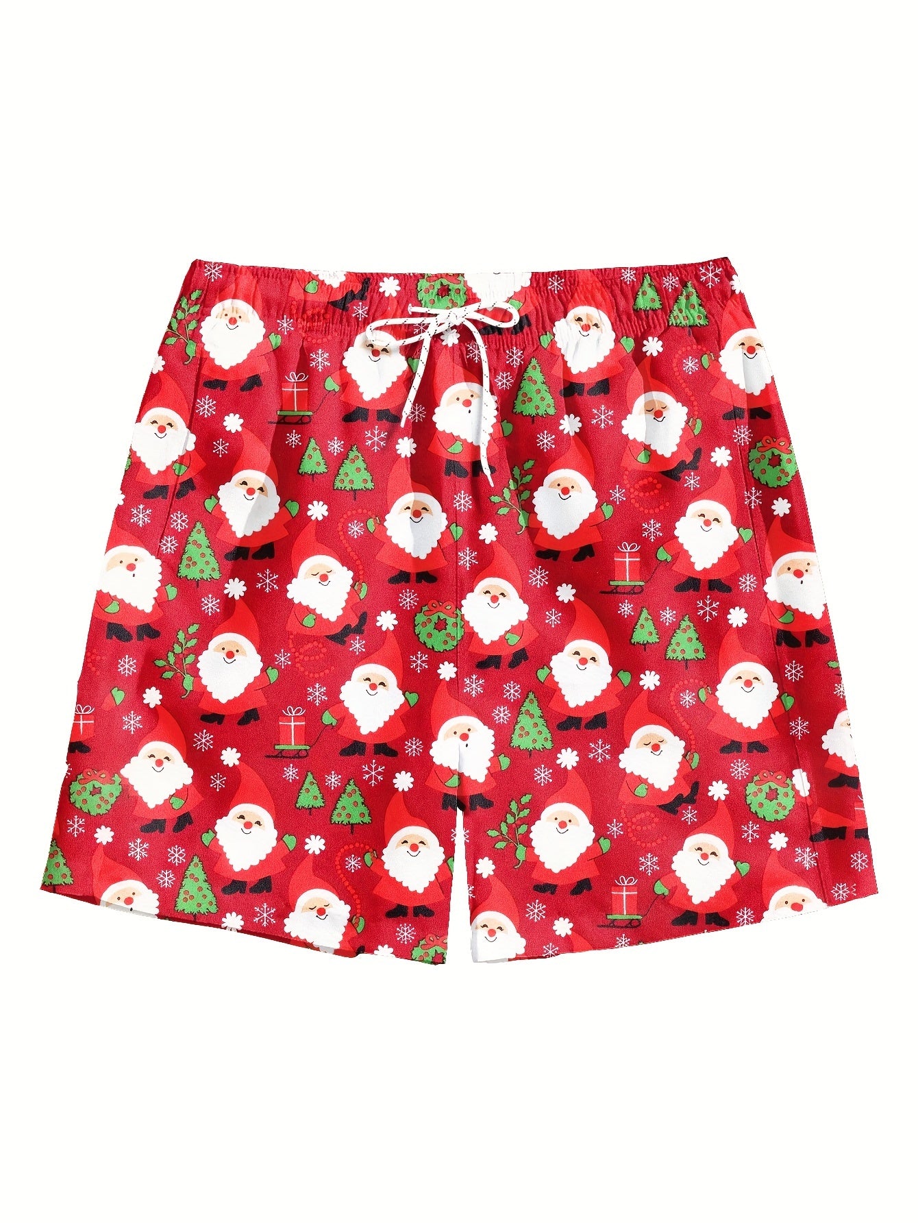 Men's Christmas Themed Santa And Tree Print Board Shorts With Drawstring, Casual Versatile Shorts For Summer Novelty Leisurewear