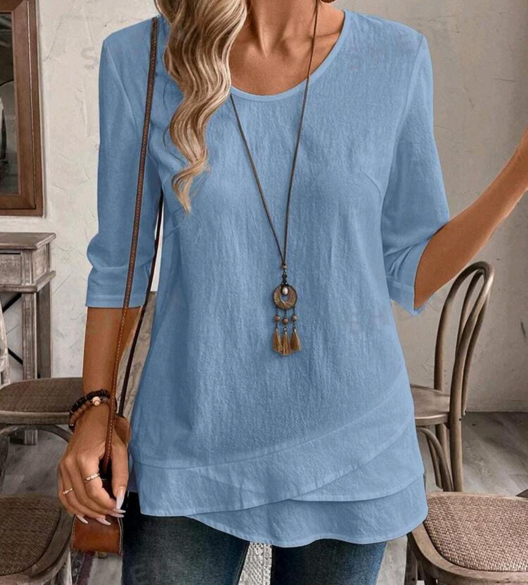 Women 100% Cotton Crew Neck 3/4 Sleeve Blouse