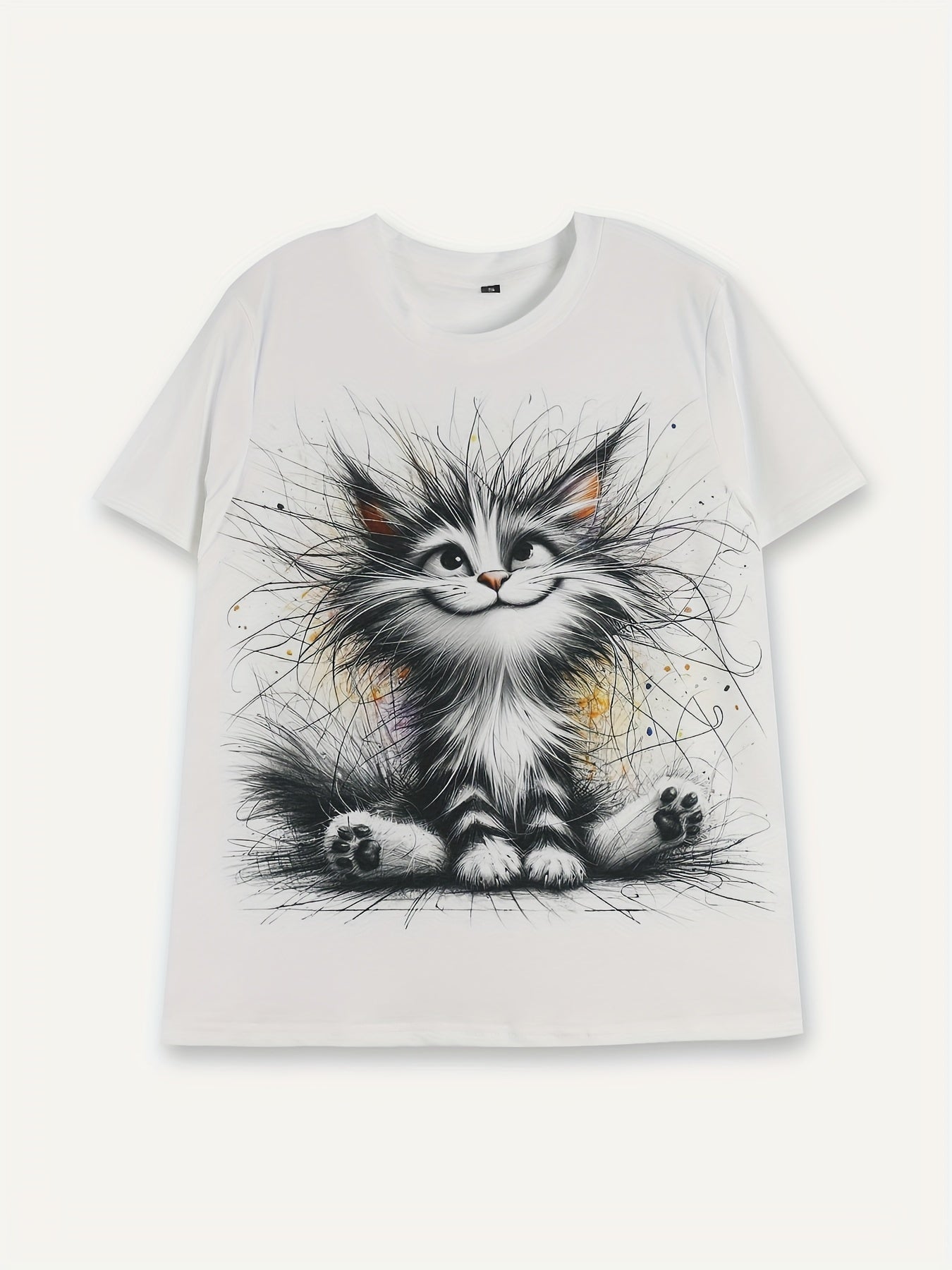 Fuzzy Cat Print Crew Neck T-shirt, Short Sleeve Casual Top For Summer & Spring, Women's Clothing