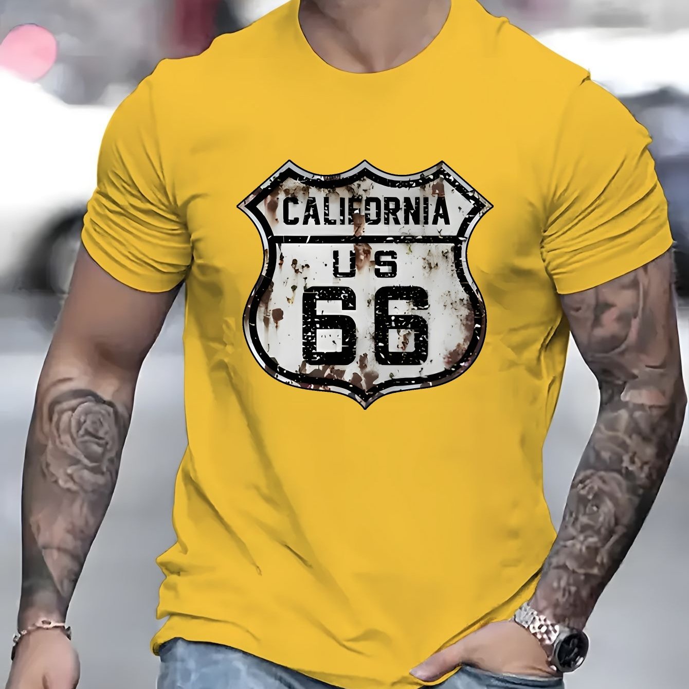 Men's Polyester Blend T-Shirt - Crew Neck, Short Sleeve, Regular Fit, Knit Fabric with California Route 66 Print - Casual Summer Top with Slight Stretch, 180g Fabric Weight