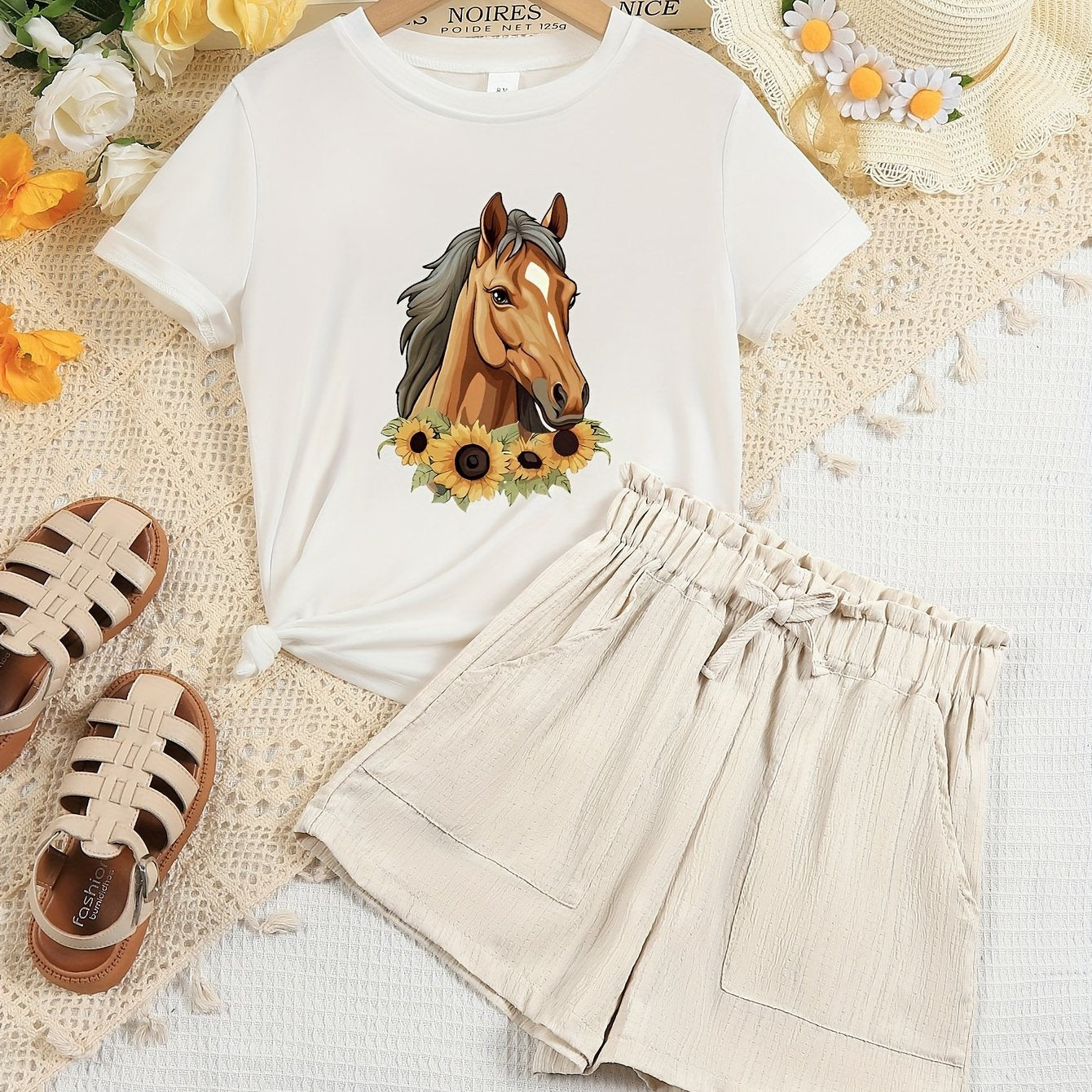 Pretty Horse And Sunflowers Graphic Print, Girl's 2pcs Casual Comfortable Versatile Short Sleeve Crew Neck T-shirt & Elastic Waistband Shorts Set, Comfy Summer Clothes