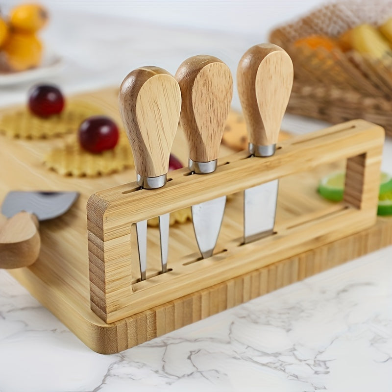 1 Set Premium Wooden Cheese Board Set - Complete with Knife & Fork, Stylish Cutting & Serving Platter for Home Kitchen, Restaurant, and Hotel Use - Durable, Easy to Clean, Perfect for Baking and Entertaining