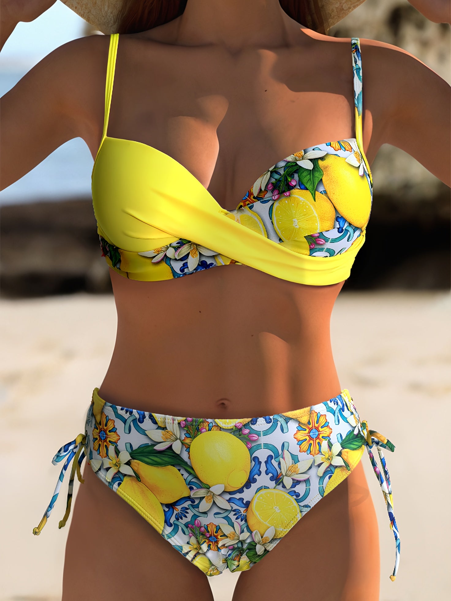 YIYUNQING Women's Fashion Bikini Set - High Stretch, Lemon Print Two-Piece Swimsuit with Tie Side Bottoms, Digital Print