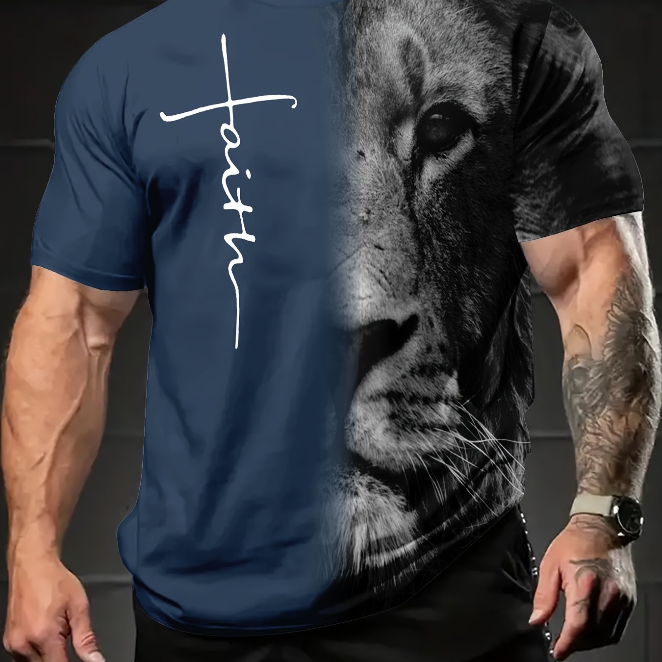 1pc Vintage Lion Graphic T-Shirt for Men, Crew Neck, Short Sleeve, All-Season Knit Polyester Tee, Regular Fit, Animal Pattern Pullover