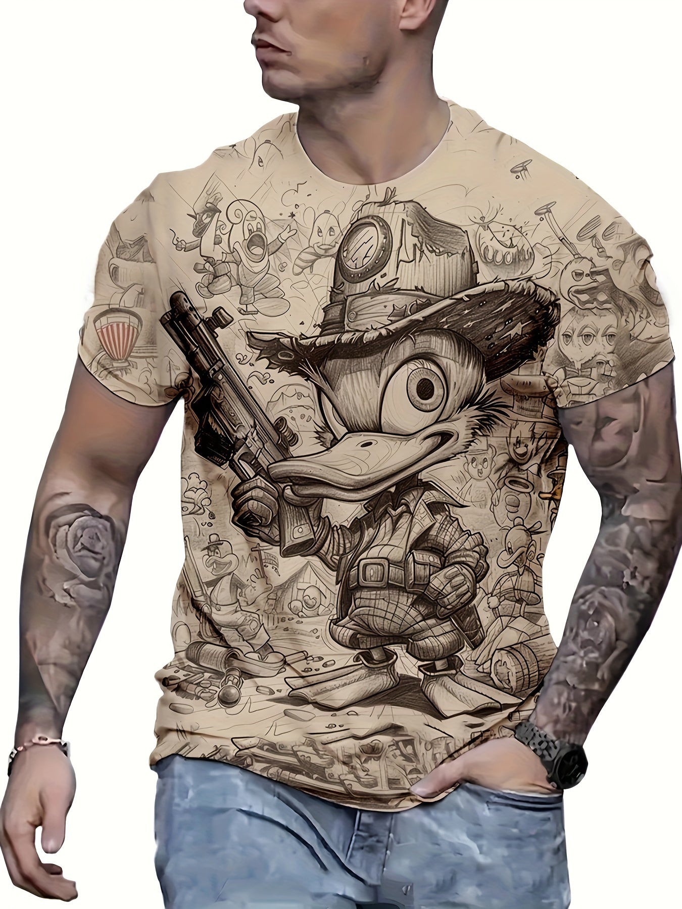 Men's Fashionable Duck Graphic Print T-Shirt - Soft Short Sleeve Crew Neck Tee with Relaxed Fit for Comfortable Summer Outdoor Activities - Perfect Men's Clothing for Casual Events and Travel