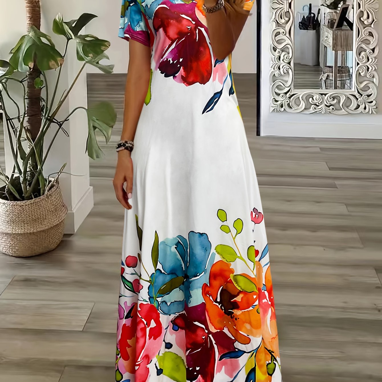 Vibrant Floral Print Short Sleeve A-Line Dress - Soft, Breathable, and Comfortable for Spring & Summer - Womens Casual Wear, Perfect for Outdoor Activities and Daily Life