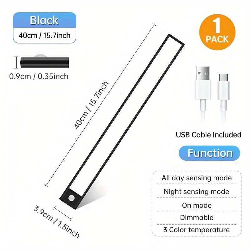 1pc Sleek Motion Sensor LED Cabinet Light - Wireless, Rechargeable with Magnetic Easy-Install, Adjustable Brightness, Waterproof IP20 - Ideal for Kitchen, Bedroom, Hallway & Staircase, Available in 19.81cm, 29.97cm, 15.7