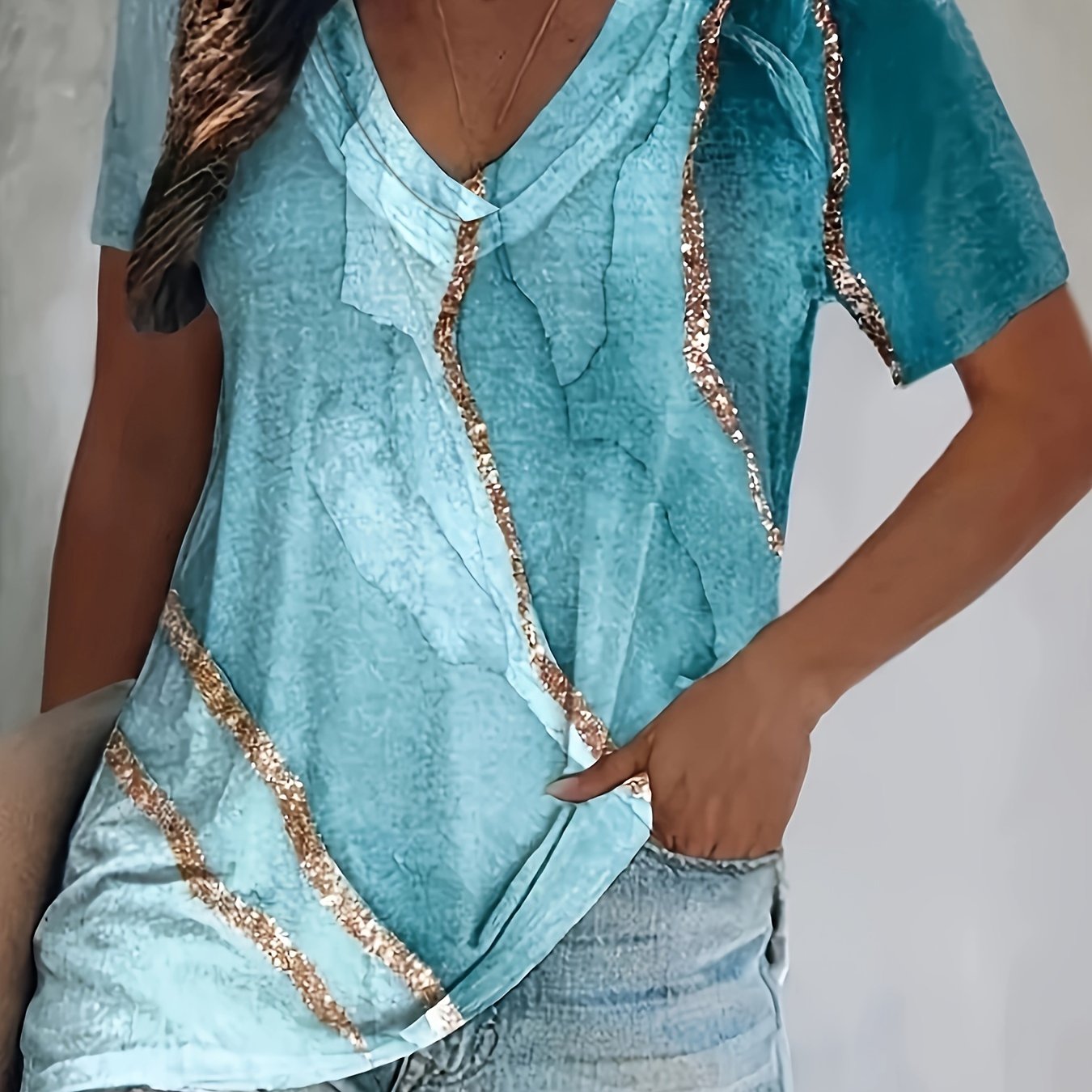 Marble Print V Neck T-shirt, Casual Short Sleeve Top For Spring & Summer, Women's Clothing