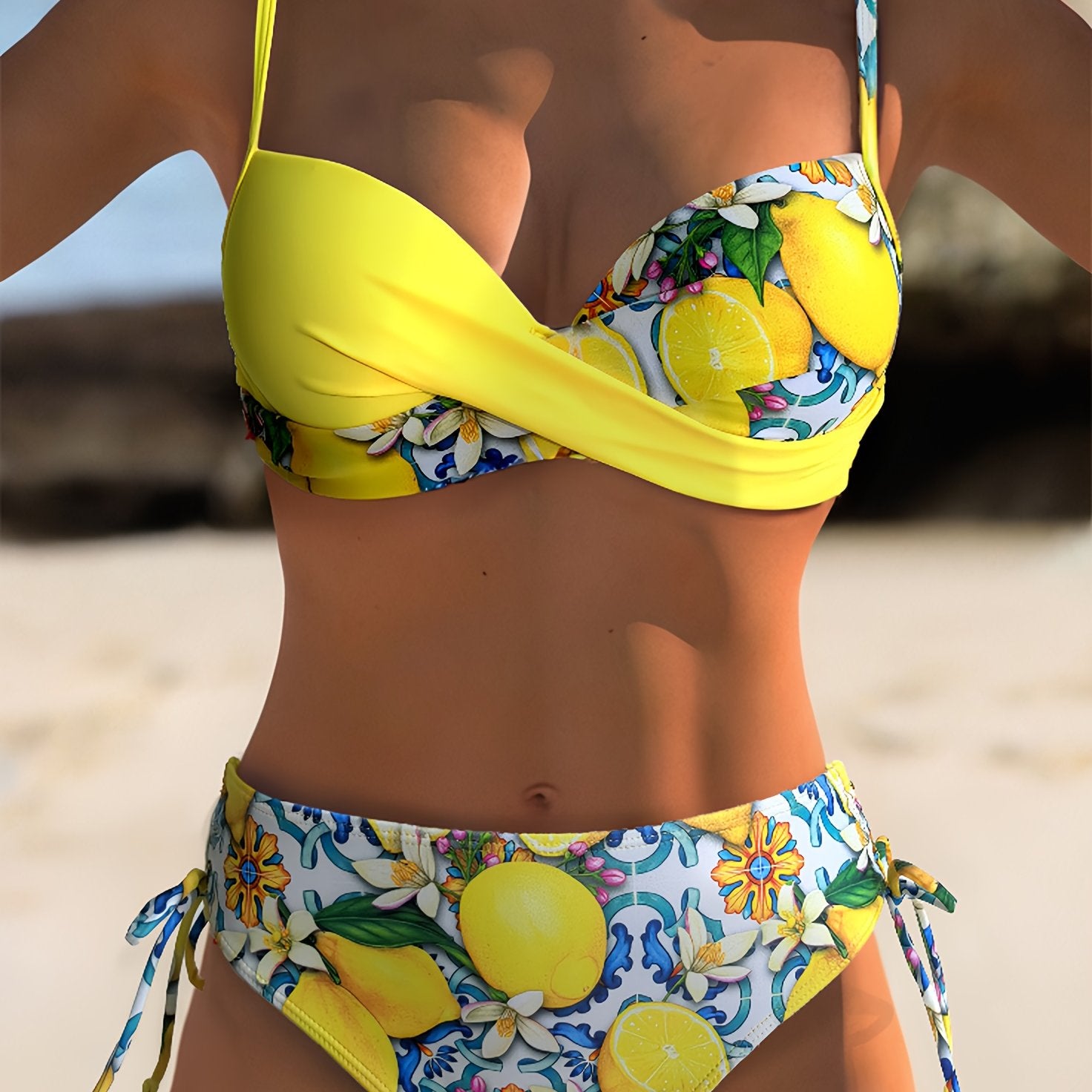 YIYUNQING Women's Fashion Bikini Set - High Stretch, Lemon Print Two-Piece Swimsuit with Tie Side Bottoms, Digital Print