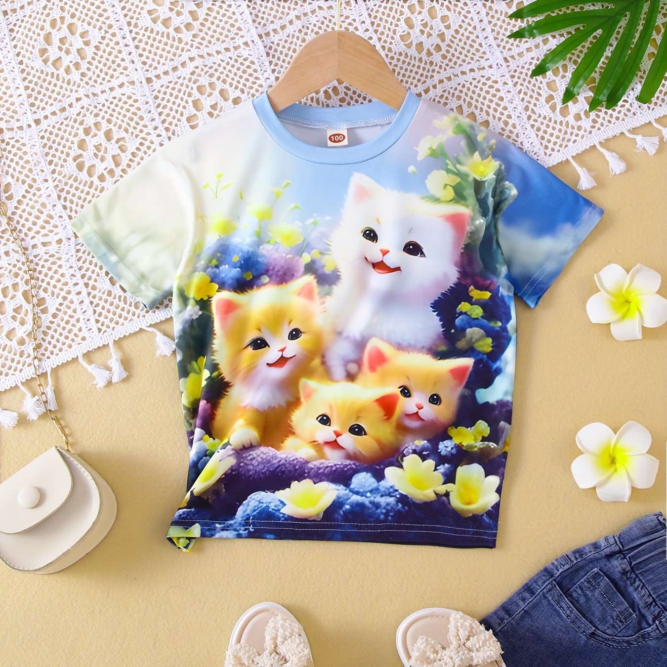 Cute 3D Kitties & Flower Print Short Sleeve T-shirt, Versatile Tees Summer Clothes