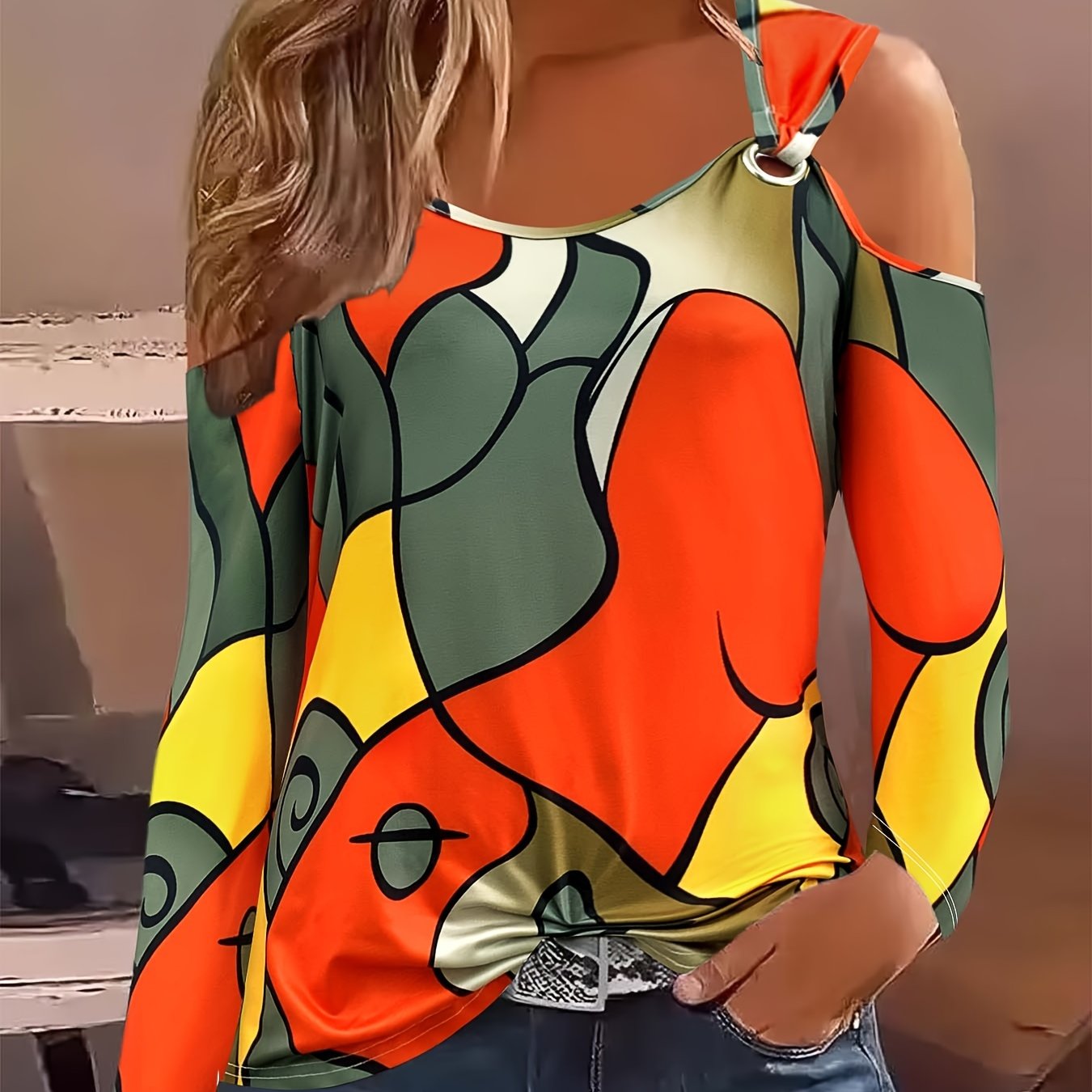 Plus Size Color Block Cold Shoulder T-shirt, Casual Long Sleeve Crew Neck Top For Spring & Fall, Women's Plus Size Clothing