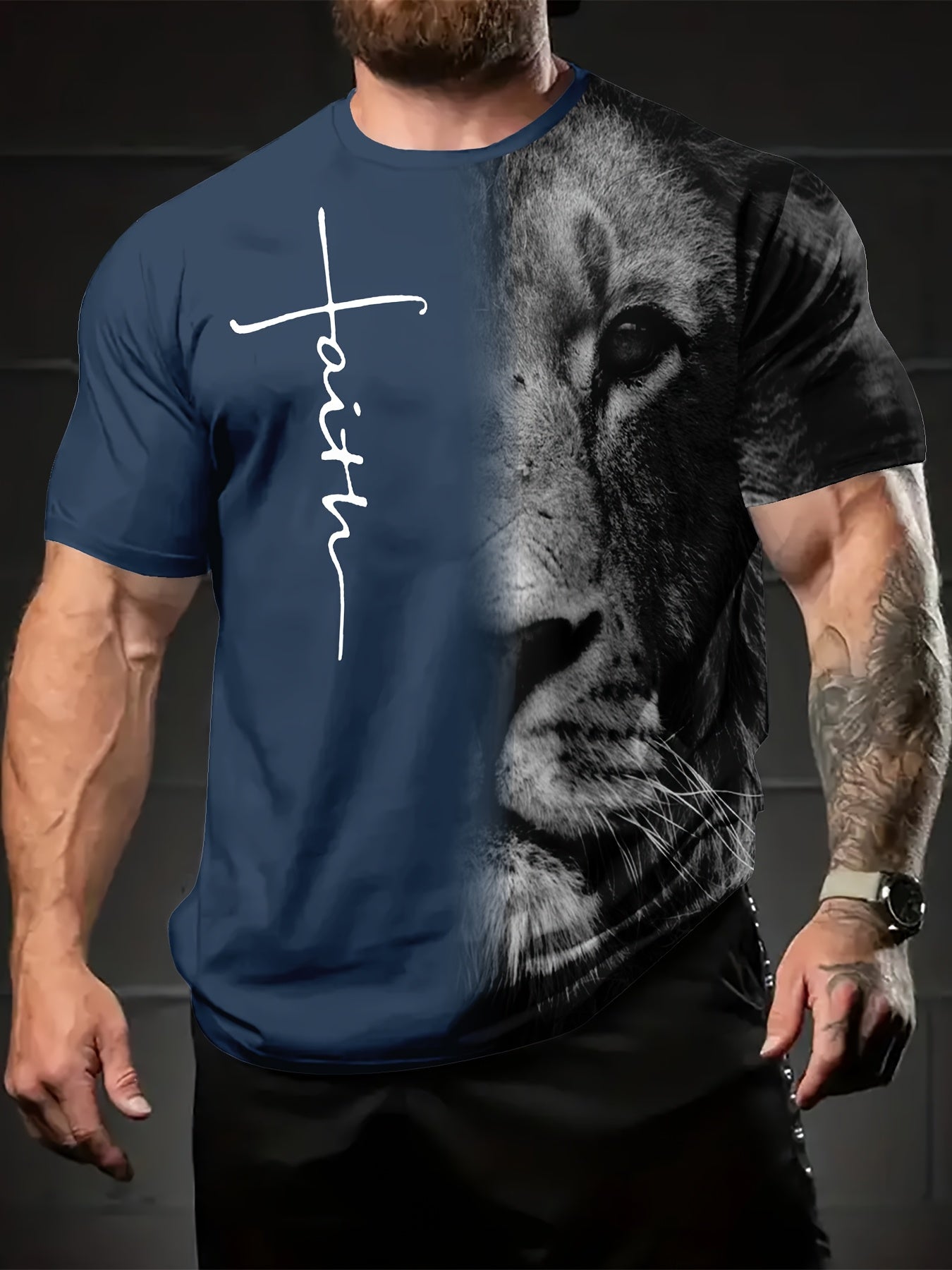 1pc Vintage Lion Graphic T-Shirt for Men, Crew Neck, Short Sleeve, All-Season Knit Polyester Tee, Regular Fit, Animal Pattern Pullover