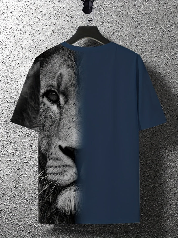 1pc Vintage Lion Graphic T-Shirt for Men, Crew Neck, Short Sleeve, All-Season Knit Polyester Tee, Regular Fit, Animal Pattern Pullover