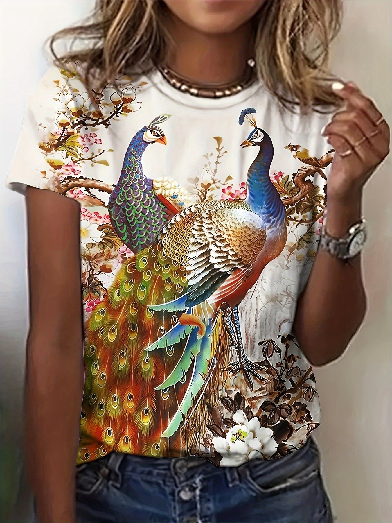 Summer 3D Digital Print Peacock T-Shirt for Women - Polyester Knit Fabric, Round Neck, Animal Pattern, Casual Short Sleeve Top