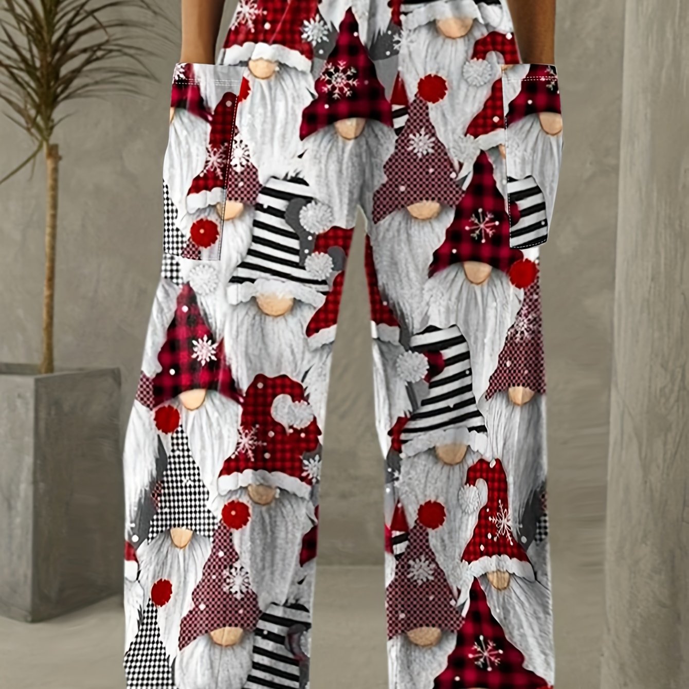 Christmas Print Patched Pocket Pants, Casual Elastic Waist Straight Leg Pants For Fall & Winter, Women's Clothing