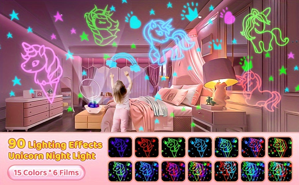 Mystical Unicorn Night Light Projector - 90 Vibrant Light Modes, 360° Silent Rotation, Rechargeable 2400mAh Battery, Dimmable Lamp with Timer & Infrared Sensor, 6 HD Projection Films, USB Charging, Portable Pink Bedroom Star Ceiling Projector with Auto-O