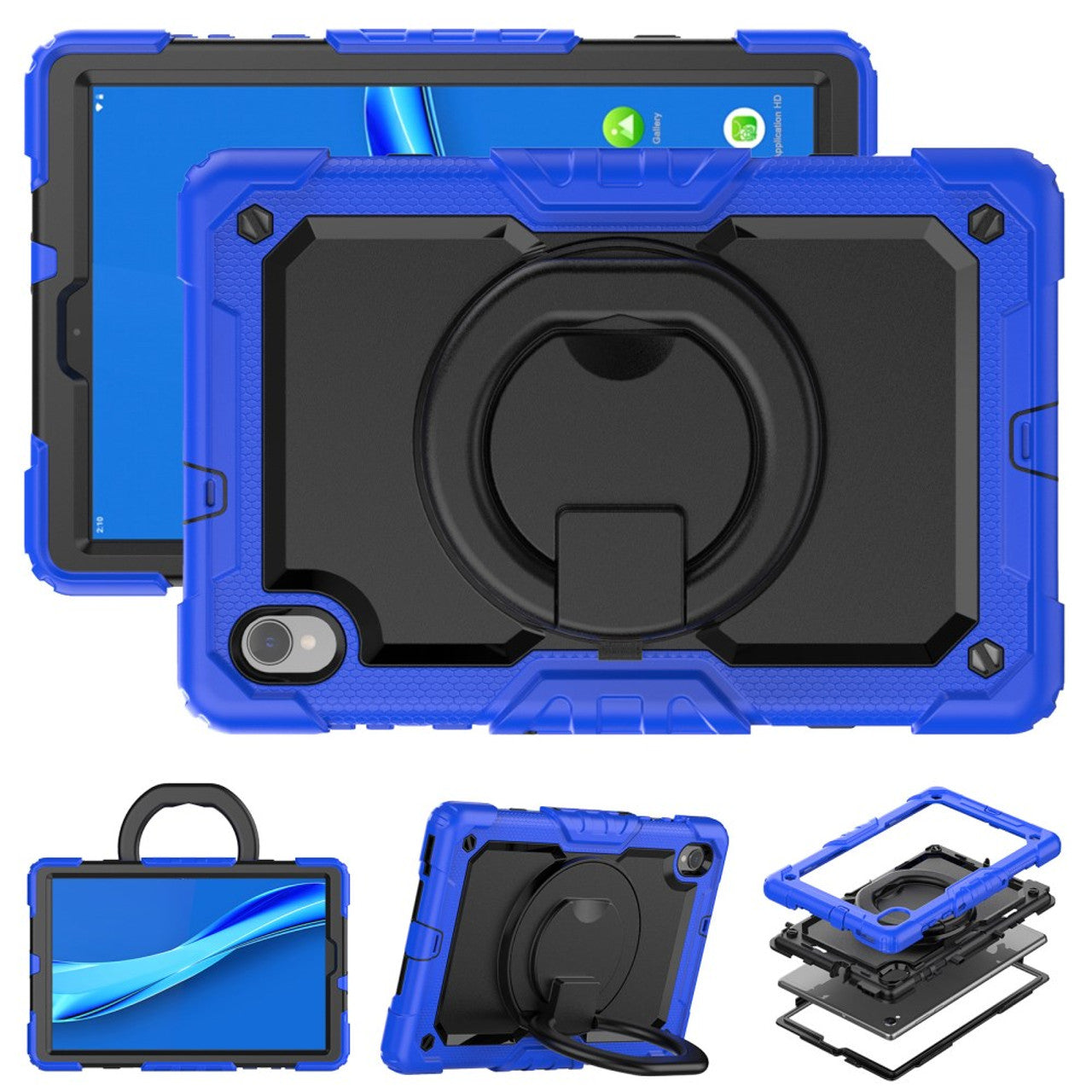 For Lenovo Tab M10 HD Gen 2 X606F PC + Silicone Tablet Case Rotary Kickstand Hand Grip Protective Cover with Shoulder Strap - Dark Blue