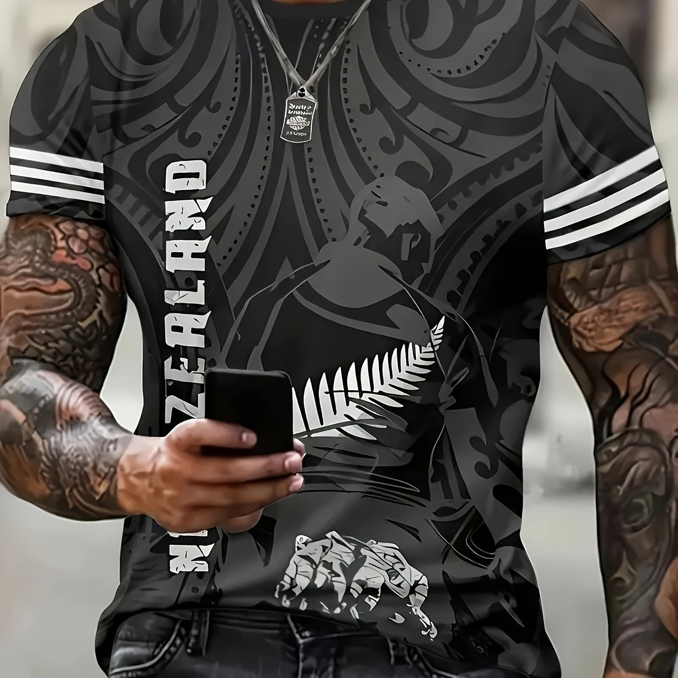 Men's NEW ZEALAND Letter Leaves And People Playing Sports Pattern Print Crew Neck Short Sleeve, Trendy T-shirt For Summer Outdoor Activities