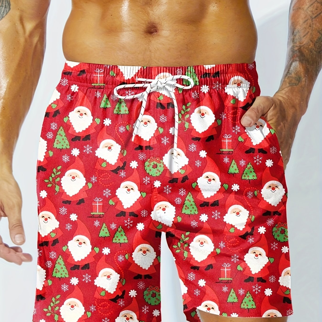 Men's Christmas Themed Santa And Tree Print Board Shorts With Drawstring, Casual Versatile Shorts For Summer Novelty Leisurewear