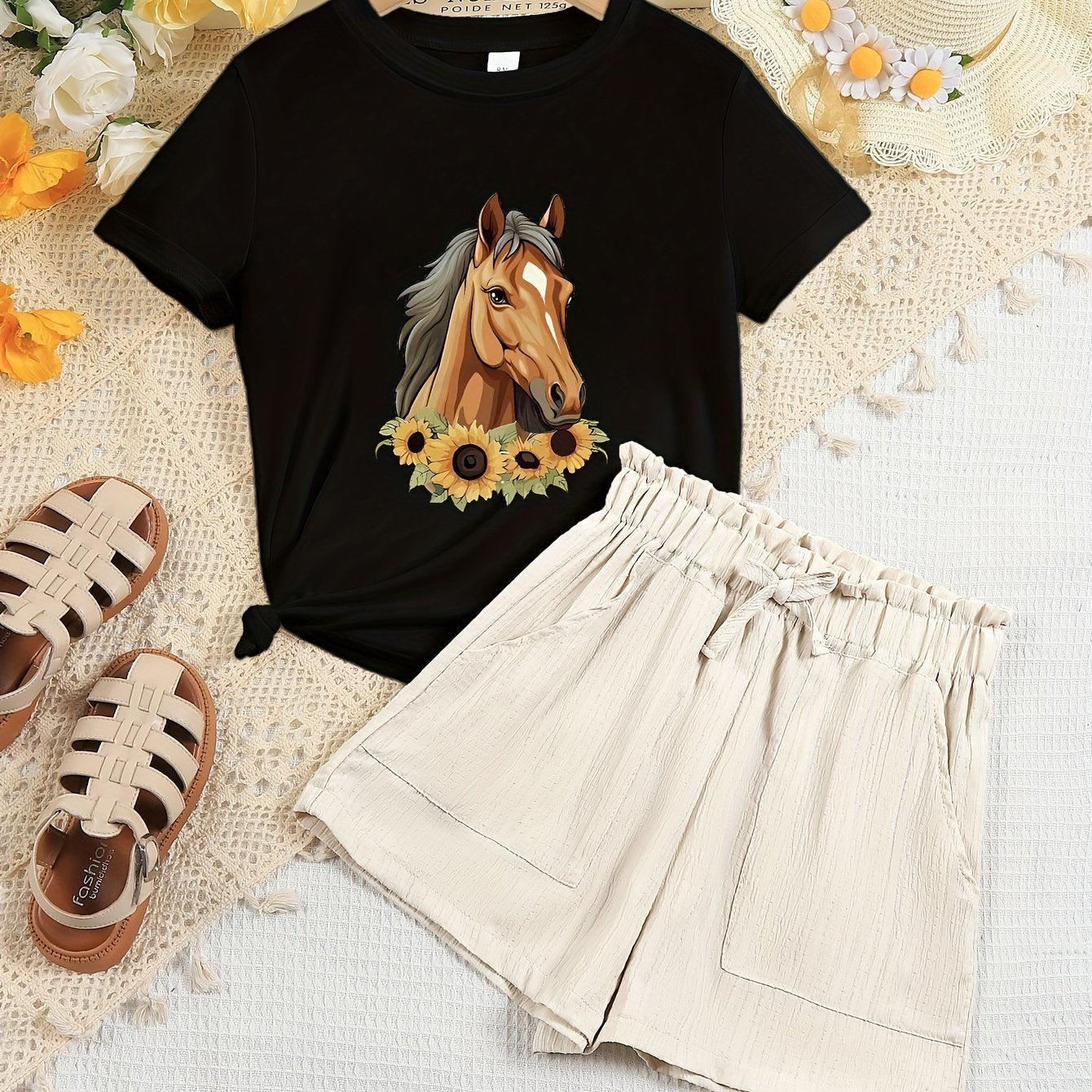 Pretty Horse And Sunflowers Graphic Print, Girl's 2pcs Casual Comfortable Versatile Short Sleeve Crew Neck T-shirt & Elastic Waistband Shorts Set, Comfy Summer Clothes